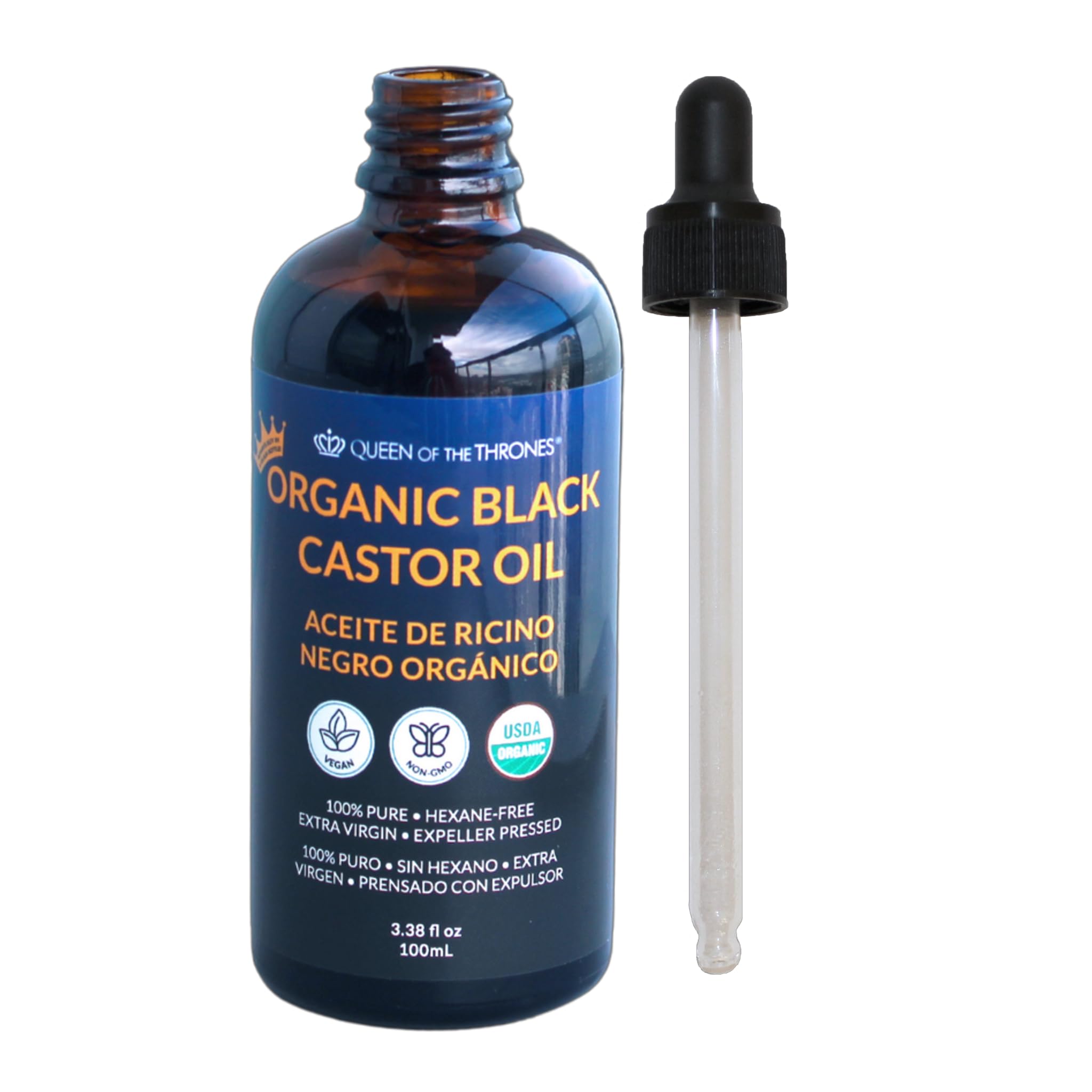 QUEEN OF THE THRONESOrganic Black Castor Oil - 100mL with Dropper| 100% Pure, Certified Organic, Hexane-Free, Extra Virgin | Moisturizing & Conditioning Oil for Skin, Hair & Nails