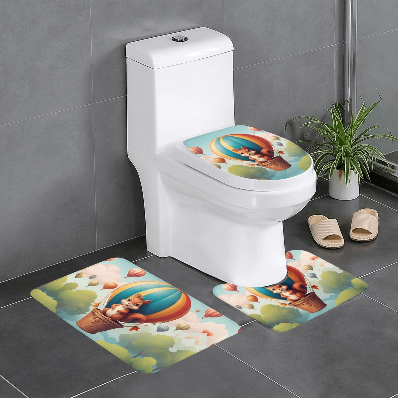 Tapis de salle de bain écureuil en montgolfière pour une décoration ludique