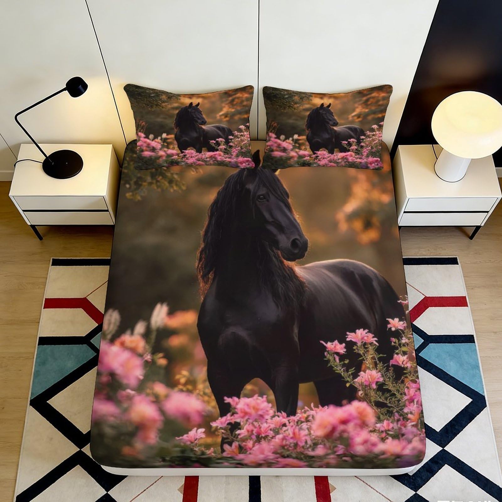 3D Printed Black Horse Floral Fitted Sheet Microfiber Soft Anti-Slip Mattress Cover Bedroom Dorm Easy Care 180x200x25cm