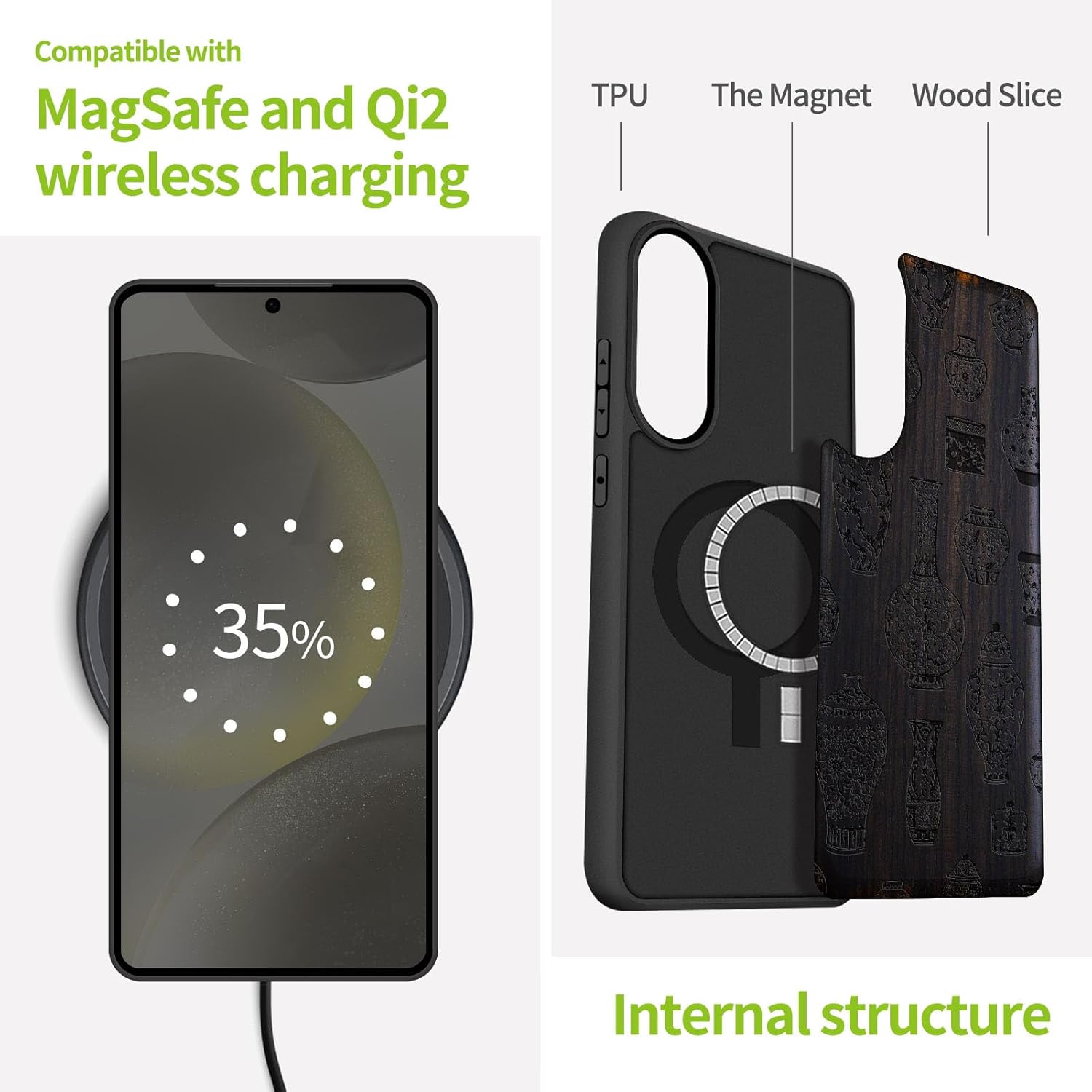 Carveit Magnetic Wooden Case for Samsung Galaxy S25 Edge Case 2025, TPU Shockproof Cover & Wood Artisan Engraved, Compatible with MagSafe Wireless Chargers (Chinese Ceramics) Blackwood