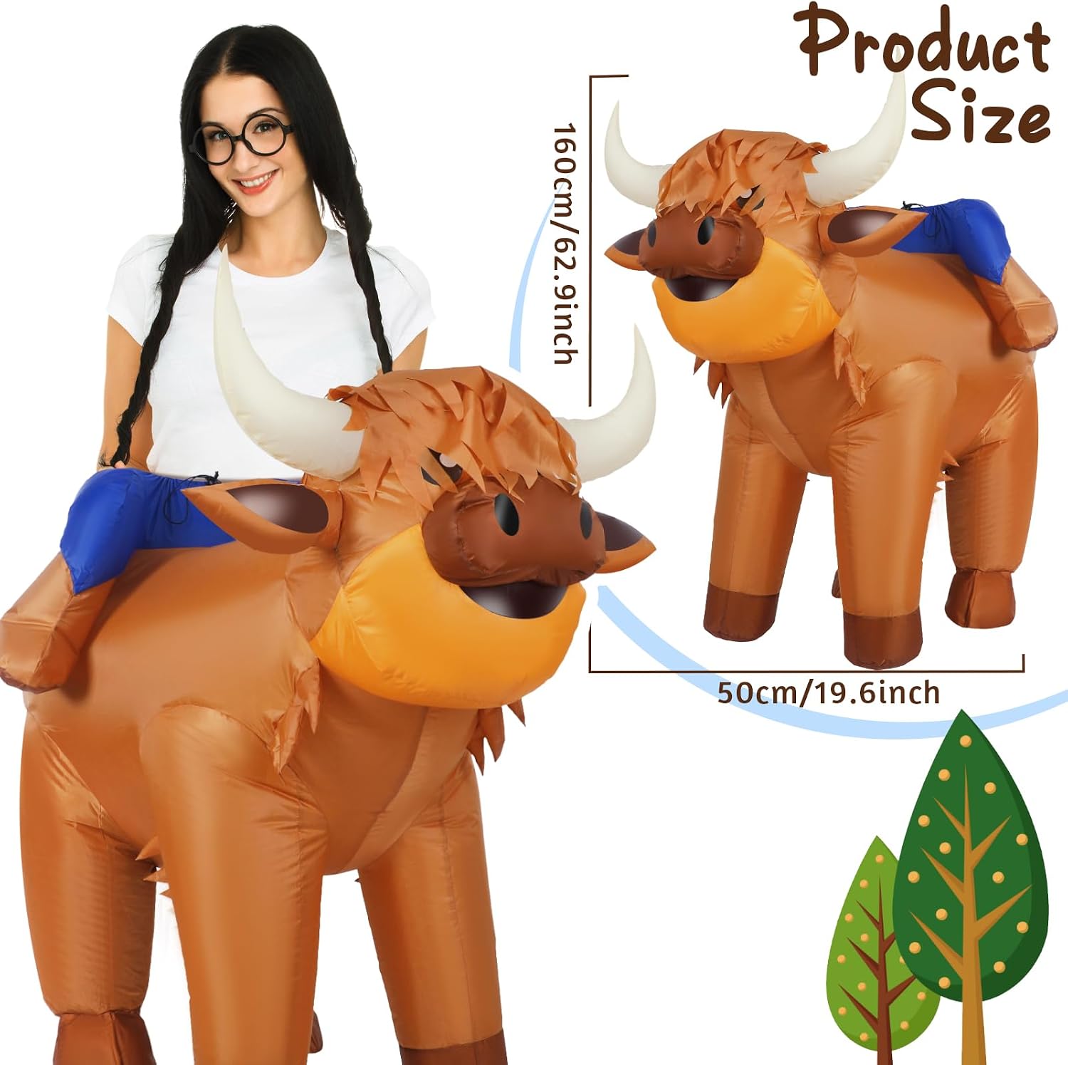 Simgoing Inflatable Highland Cow Costume - Adult Halloween Blow Up Cow Themed Party Costume Cosplay Ride On Animal Suit for Men & Women