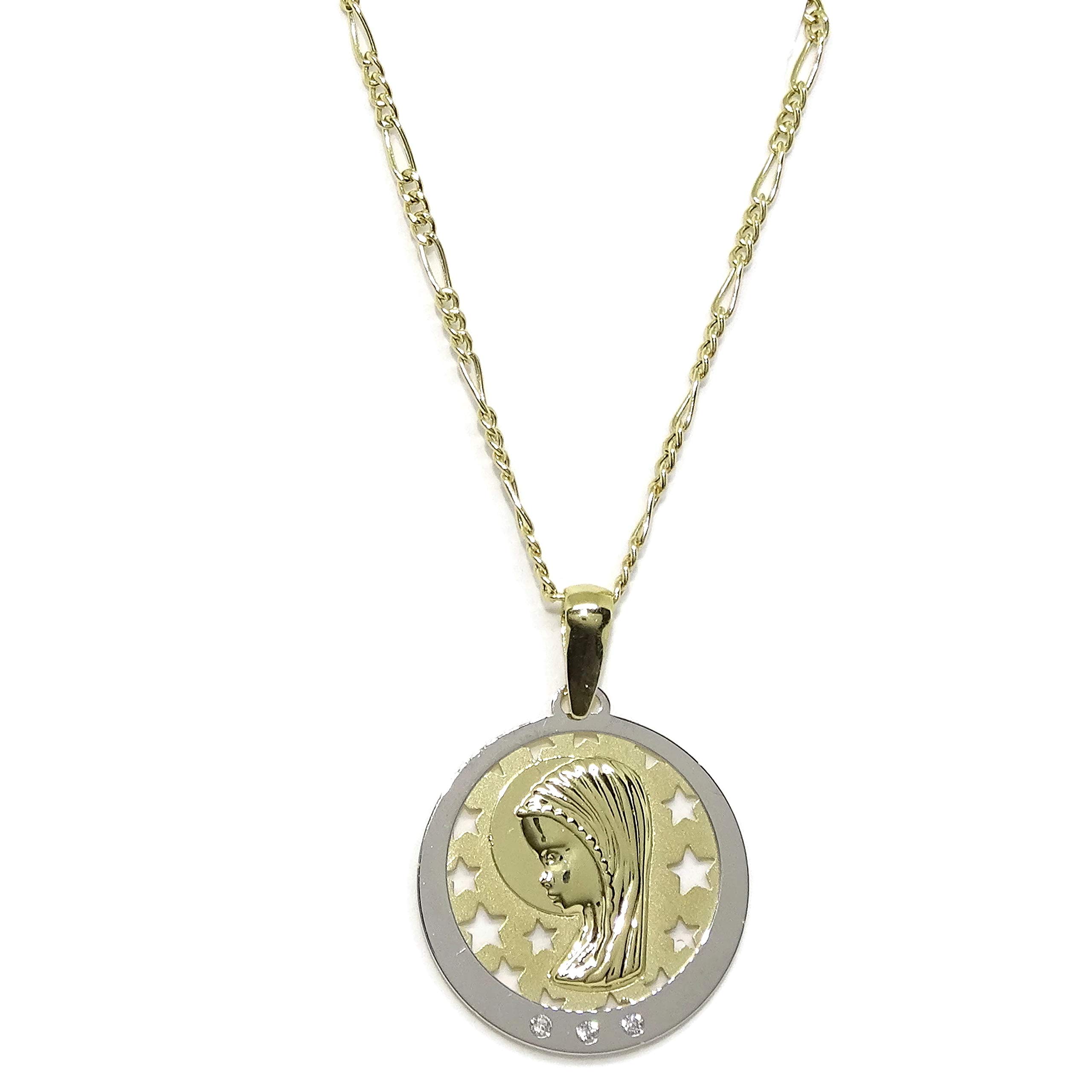 Never Say NeverCollar Ideal para comunión de Oro Amarillo de 18K con Cadena 3x1 de 45cm de larg y Medalla de la Virgen Niña de Oro Amarillo y Oro Blanco de 18K con 3 circonitas. 19mm de diámetro