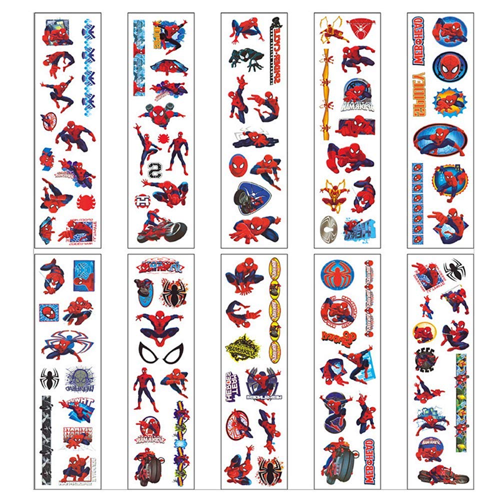 YiYaO Children's Tattoo Stickers, Spider Man Tattoos Set 10 Sheets Temporary Tattoos Children's Stickers for Boys Girls Children's Birthday Party Bags, Party, Festival