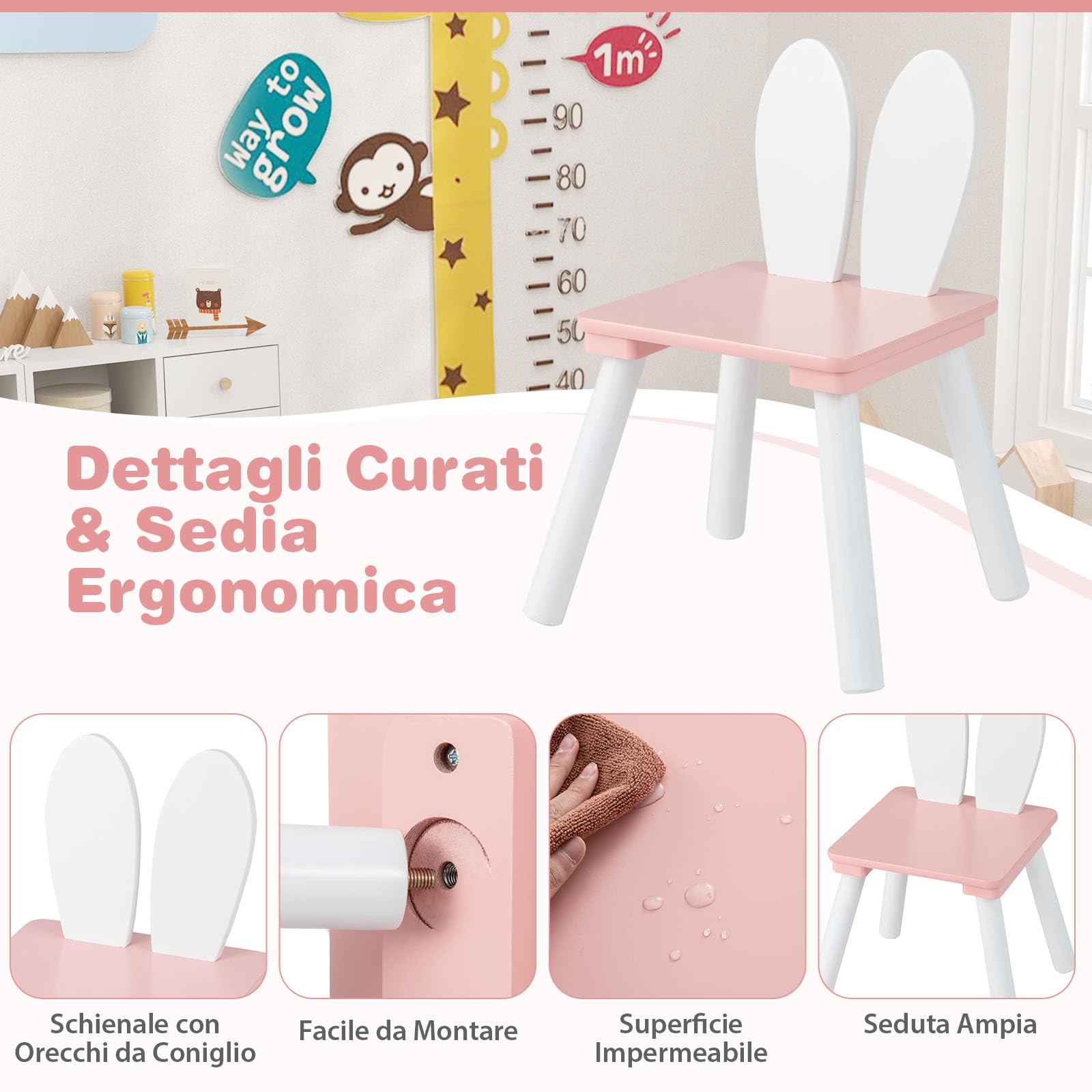 RELAX4LIFE Tavolino Bambini con 2 Sedie con Orecchie da Coniglio, Set Tavolo e Sedie in Legno per Bambini 3-6 Anni, Design Compatto, Tavolino per Giocare, Disegnare e Leggere, Porta 40 KG (ROSA)