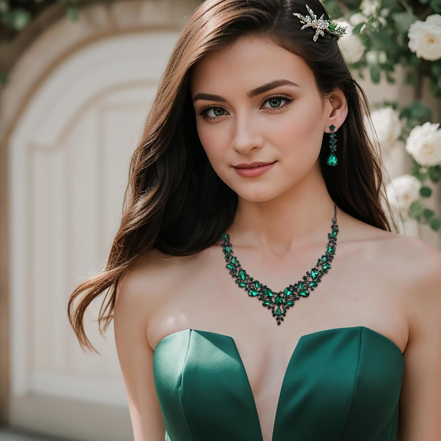 BriLove Women's Wedding Bridal Austrian Crystal Teardrop Cluster Statement Necklace Dangle Earrings Jewelry Set - Image 4