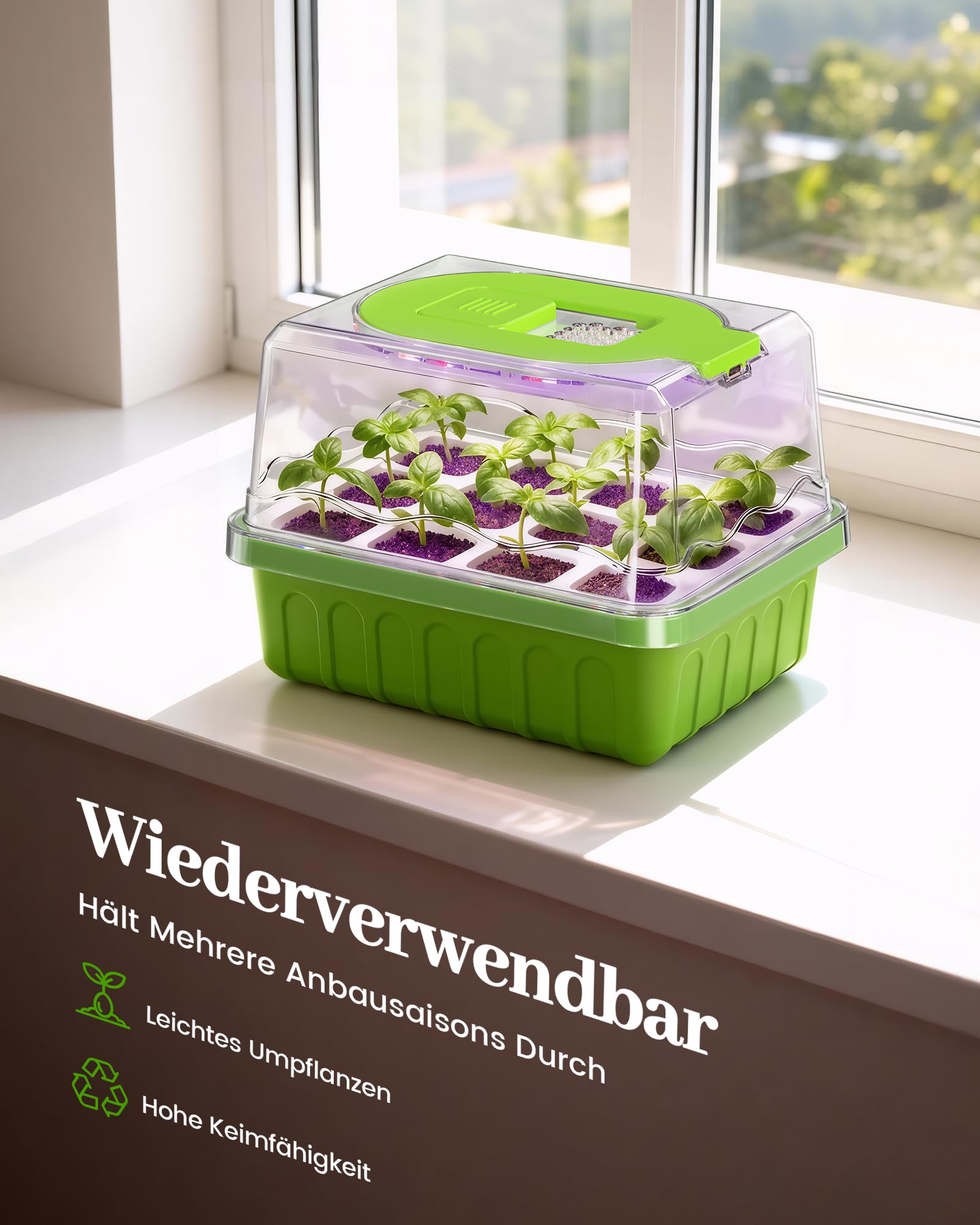RAINPOINT Anzuchtkasten mit Pflanzenlampe, Wiederverwendbare Mini Zimmergewächshaus, Vollem Lichtspektrum, Flexible Silikon Anzuchtschalen, 2 X 12 Zellen Anzuchtset mit Deckel und Belüftung, 2 Stück