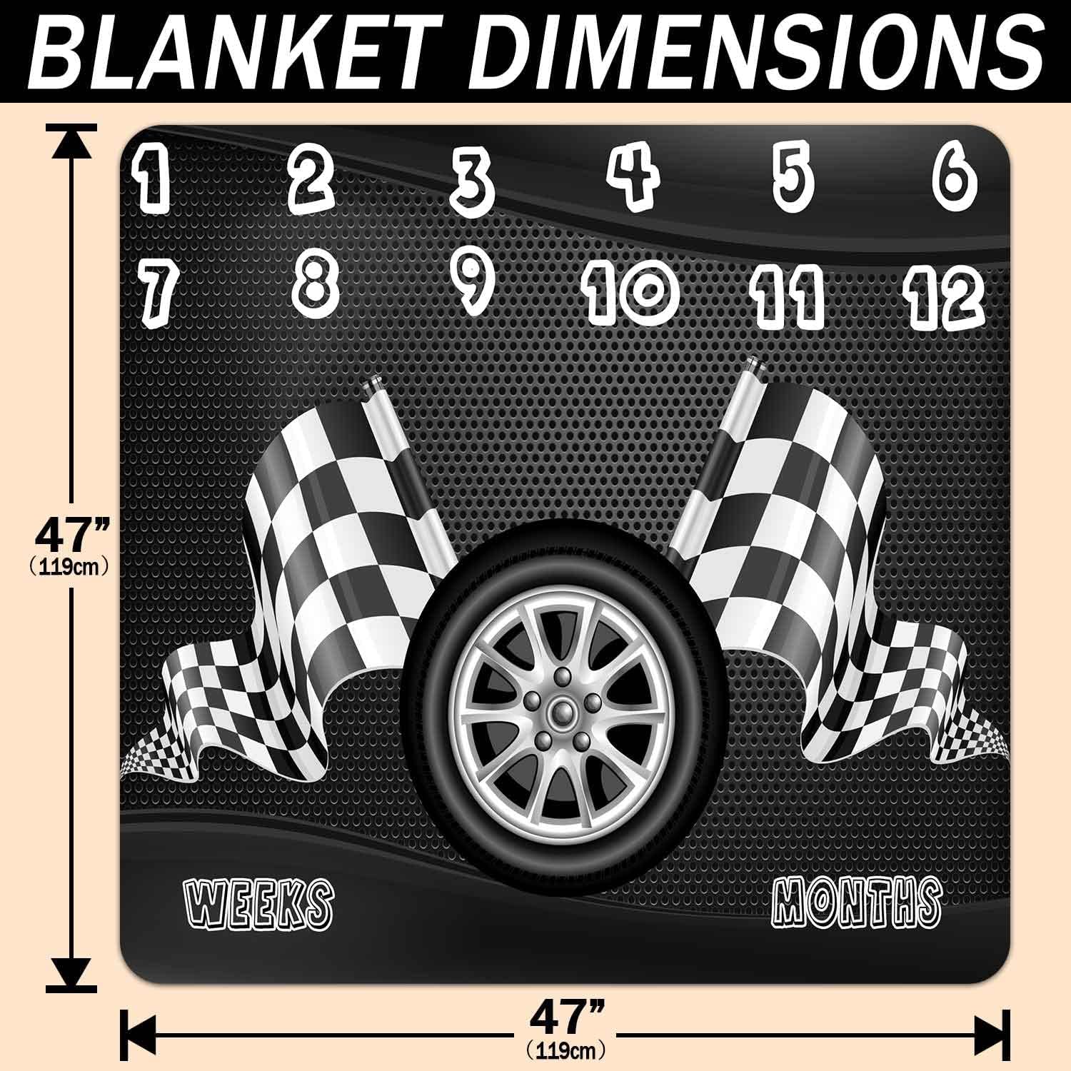 Racing Baby Monthly Milestone Blanket, Boy Racer Car Tires Black White Checkered Flag, Newborns 1 to 12 Months Unisex Include 4 Frames and 1 Headband 47"x47" BTQQPH83