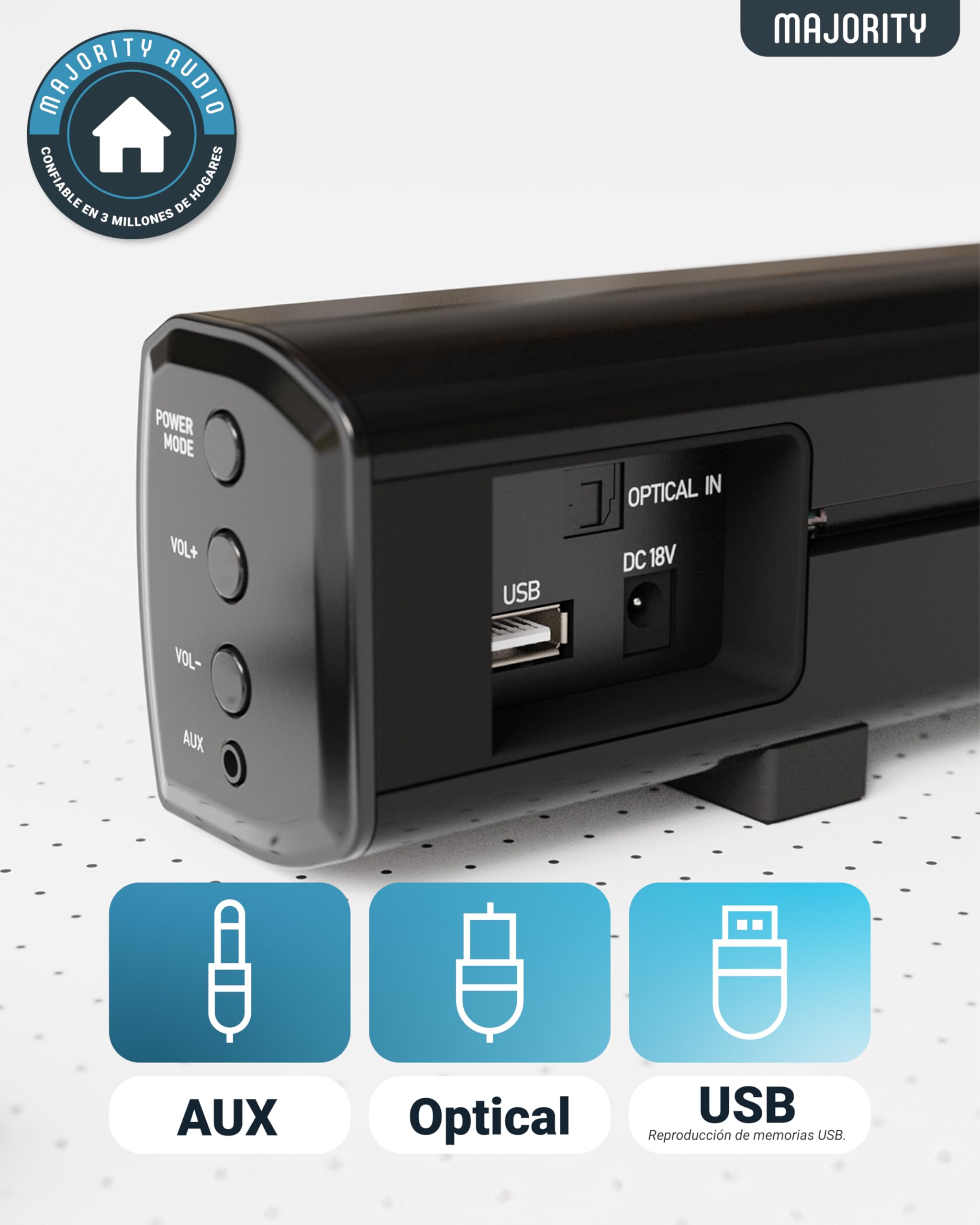 MAJORITY Bowfell Barra de Sonido TV | Bluetooth Barras de Sonido PC | 50W 2.0 Estéreo Altavoces TV | 39cm Soundbar | Altavoz Sound Bar Inalambrico Optico, USB, AUX | Mando a Distancia Incluido (Negro)