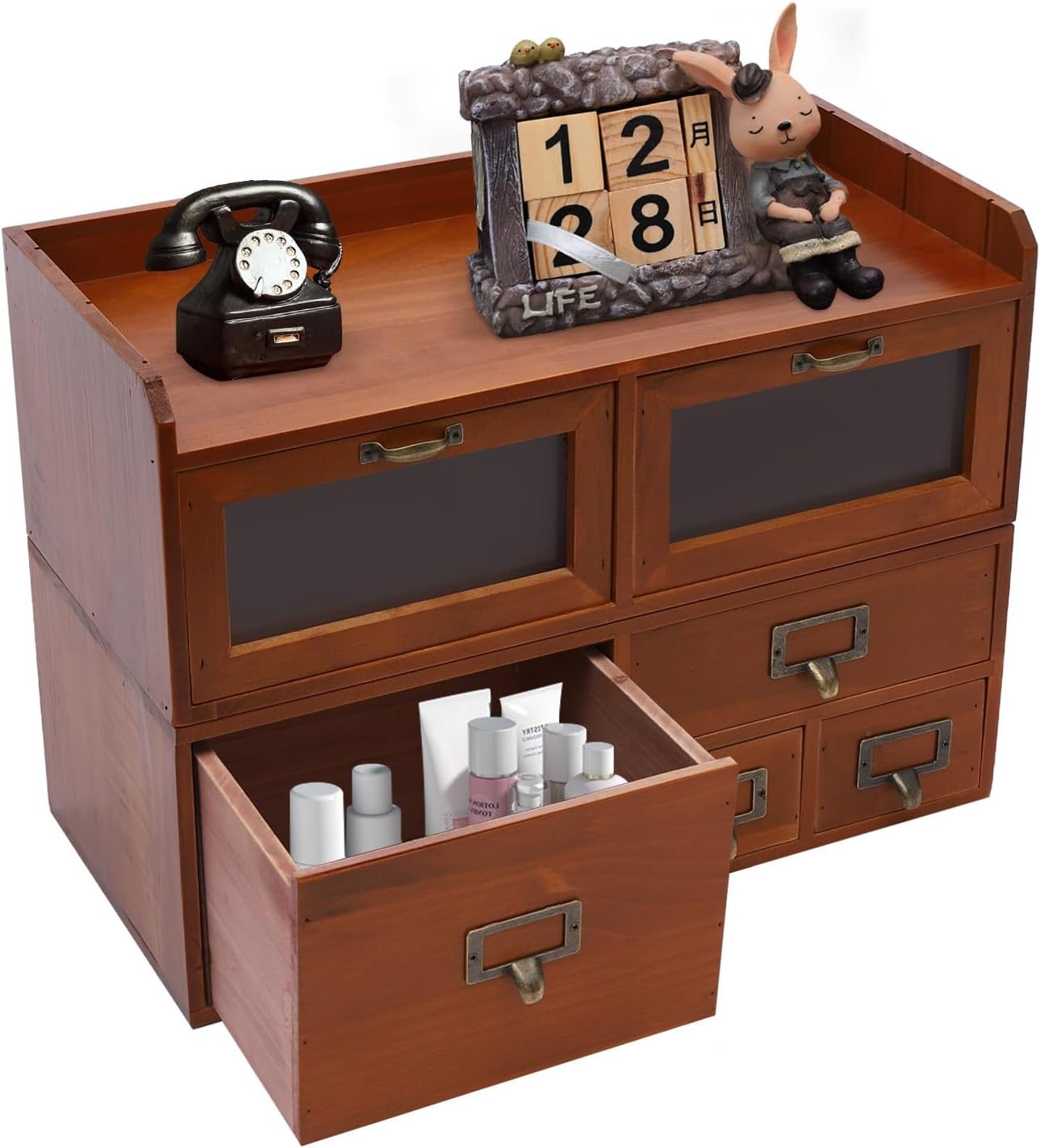Desktop Organizer with Drawers, 6-Drawer Vintage Wood Desk Organizer with Acrylic Doors, Tabletop Storage Cabinet for Office Supplies, Cosmetics, Jewelry - Compact Design, Fully Assembled(6 Drawer)