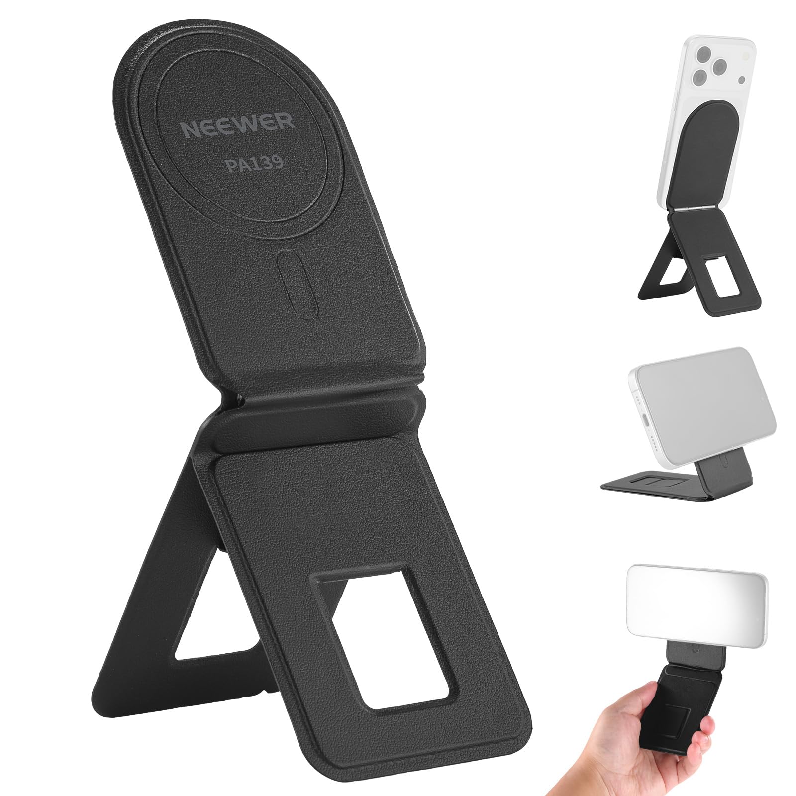 NEEWER Magnetic Phone Desk Tripod Stand Selfie Stick, Multi Angle Foldable Lightweight Portable Leather Cell Phone Holder Compatible with MagSafe iPhone Samsung Android for Video Recording, PA139