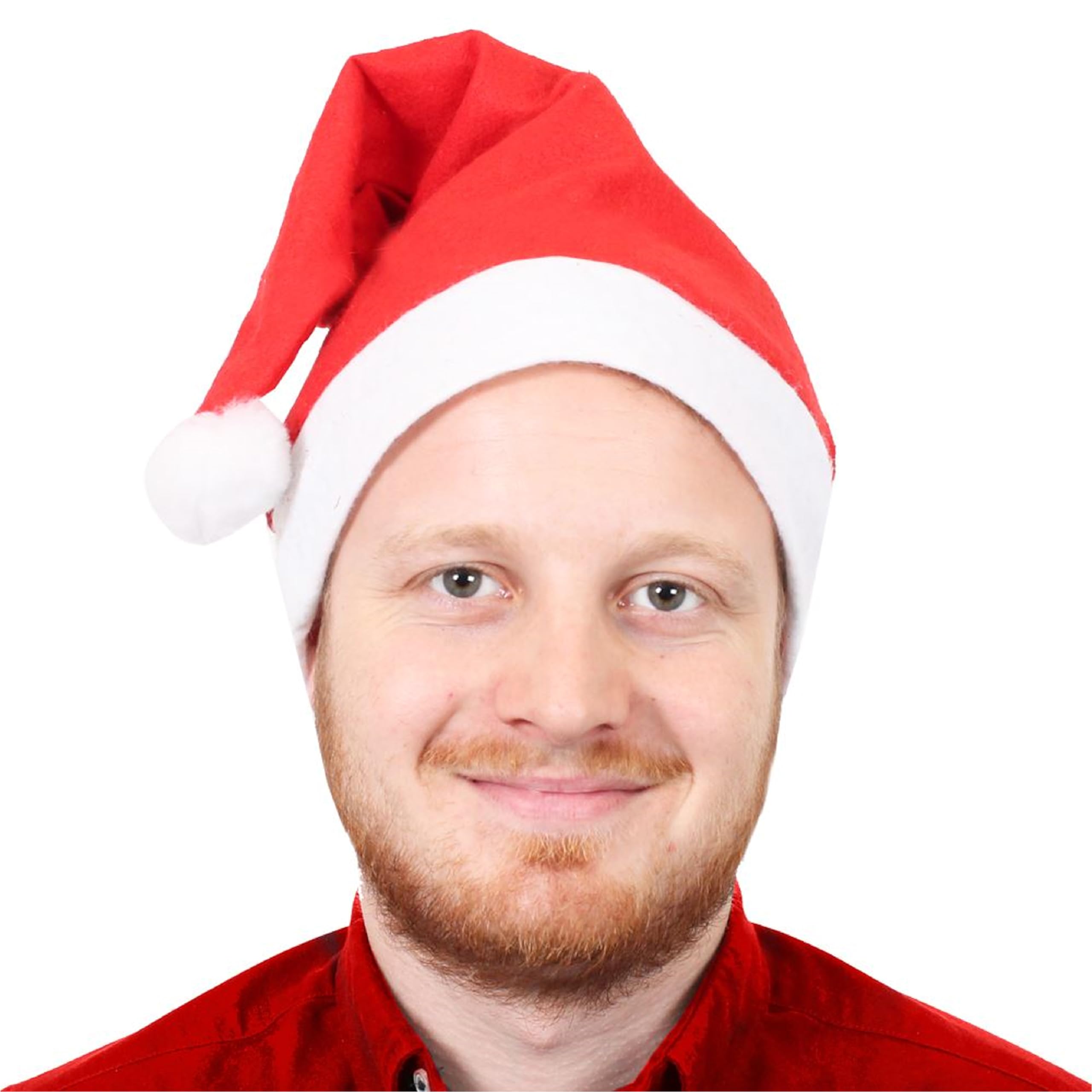 Weihnachtsmütze für Erwachsene, aus rotem Filz, mit weißem Rand und weißer Bommel, 100 Stück