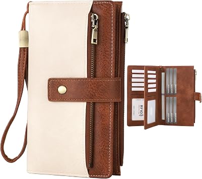 OMISTAR Womens RFID Blocking PU Leather Wallet, Trifold Clutch Purse with Wrist Strap, Multi-Compartment Credit Card Holder with Zipper Pockets for Cash, ID, Coins, Travel Essentials