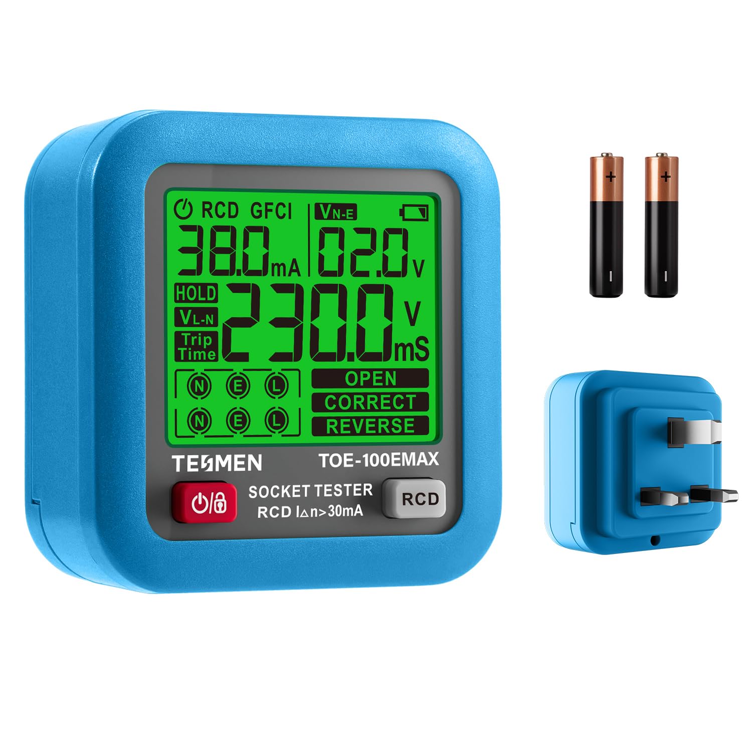 TESMEN TOE-100EMAX Electrical Socket Tester UK, Plug Outlet Tester with RCD Trip Time Test, Backlit LCD, Data Hold