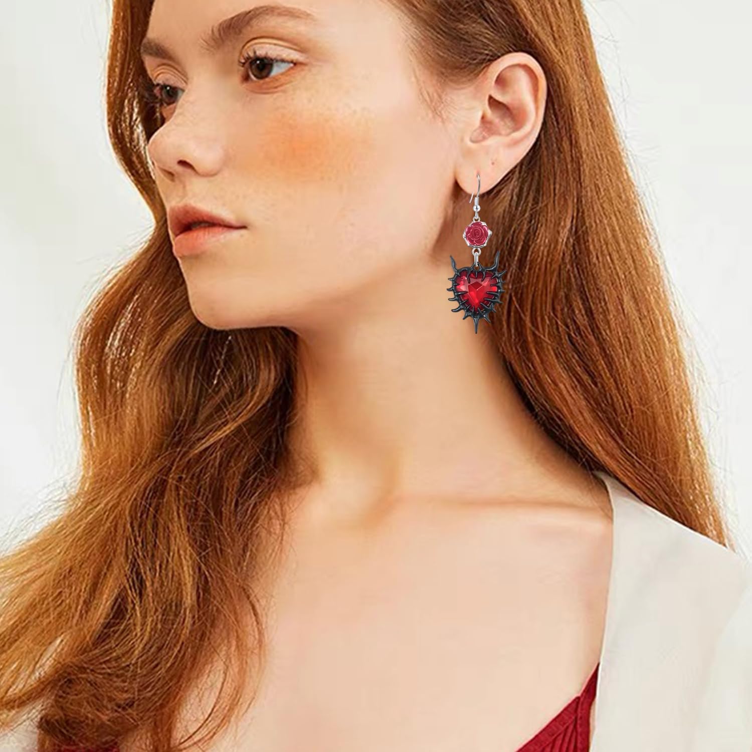 Handmade Vintage Gothic Rhinestone Rose Flower Dangle Drop Earrings Punk Red Heart Butterfly Hook Earrings for Women Costume Cosplay - Image 4