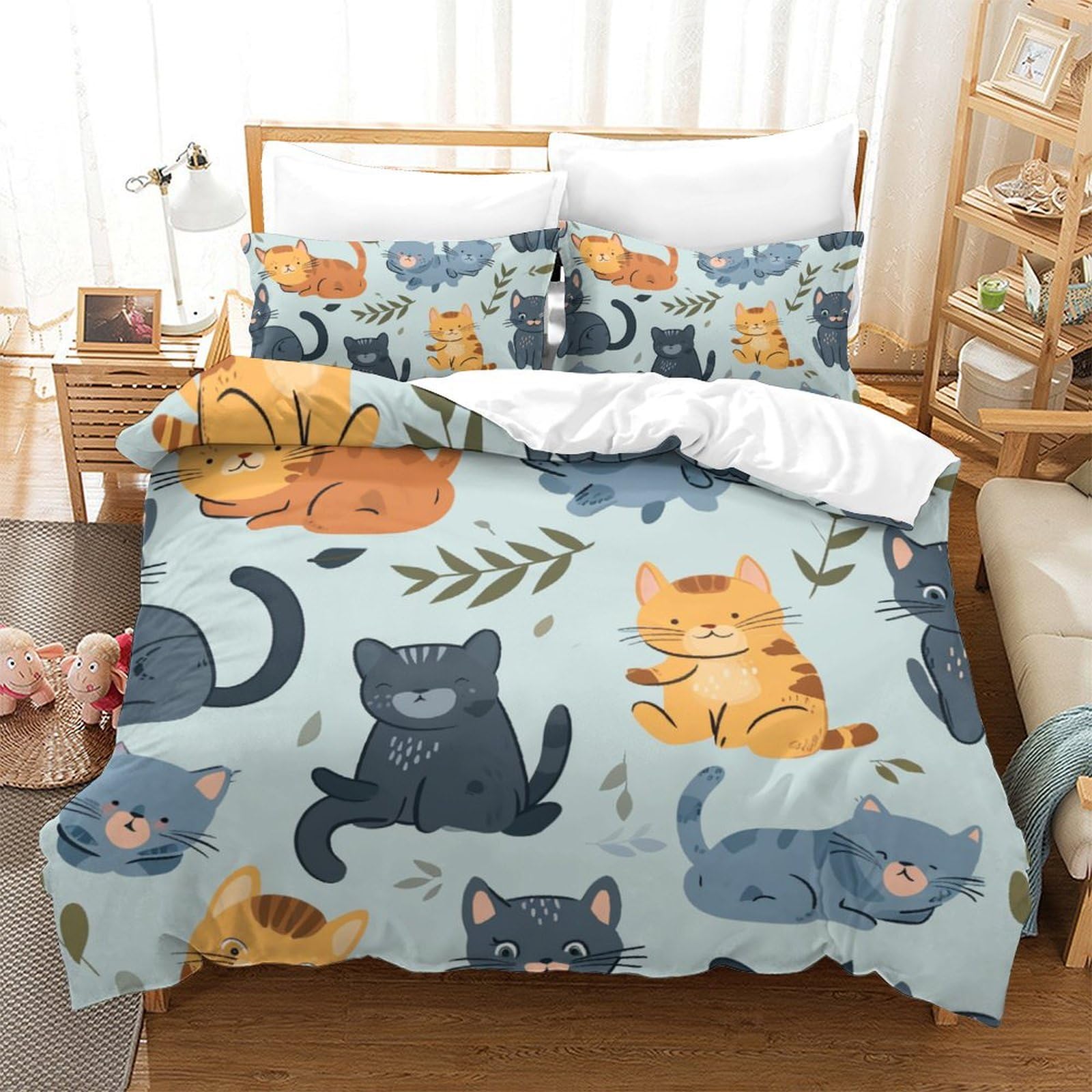 Parure de lit chat 3D microfine avec housse de couette 220x240 zipper pour lit enfant et ado
