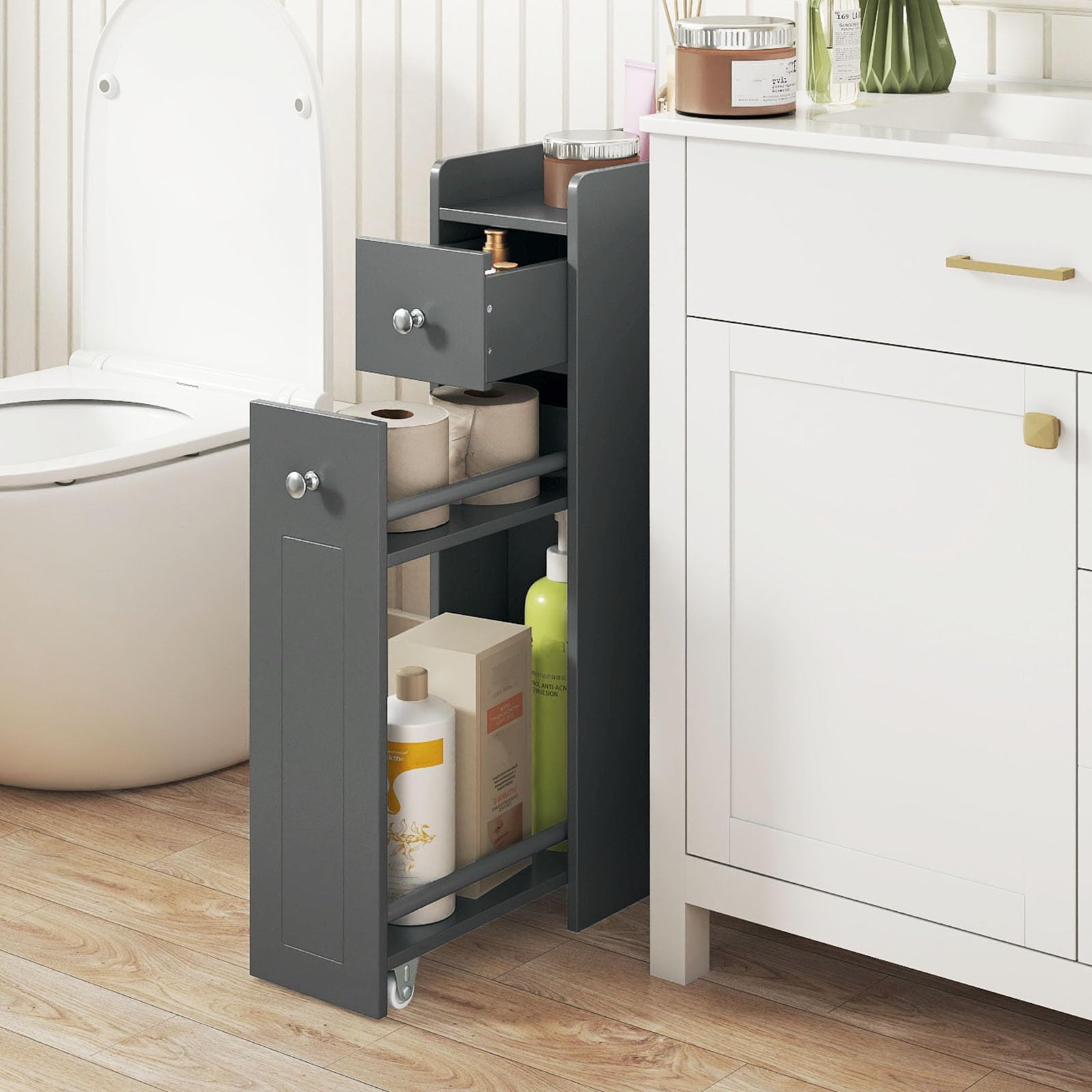 LIFEZEAL Nischenschrank, Badezimmerschrank klein mit Schublade, Nischenregal schmal mit Rollen, Nischenwagen für Waschküche, Wohnzimmer, Badezimmer, 40 x 18 x 70 cm (Grau)