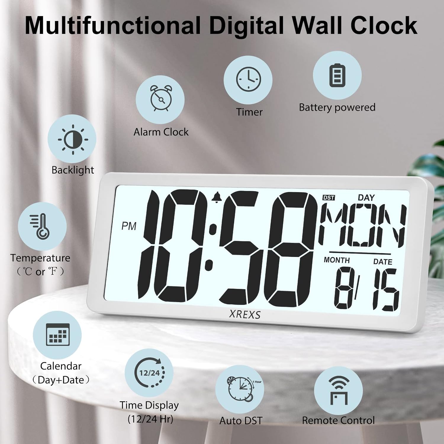 XREXS Digital Wall Clock with Backlight (Not Constantly Illuminated), 14.17 Inch Large Wall Clock with Remote Control, Count Down Timer, Battery Operated Digital Clock with Temperature, Date&Week