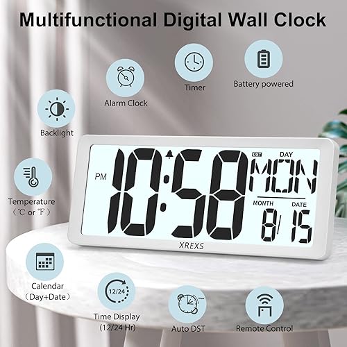 Miniatura 4 de XREXS Reloj de pared digital con luz de fondo (no constantemente iluminado), reloj de pared grande de 14.17 pulgadas con control remoto,