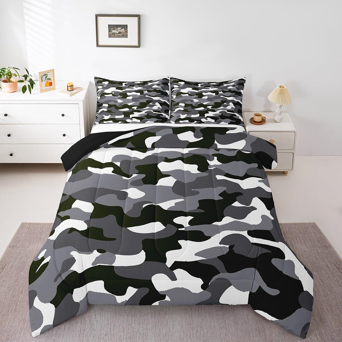 Erosebridal Camouflage Comforter Set for Boys, Black Grey Camo Bedding Set Twin Military Abstract Camo Duvet Sets for Kids Teens Adult, Lightweight