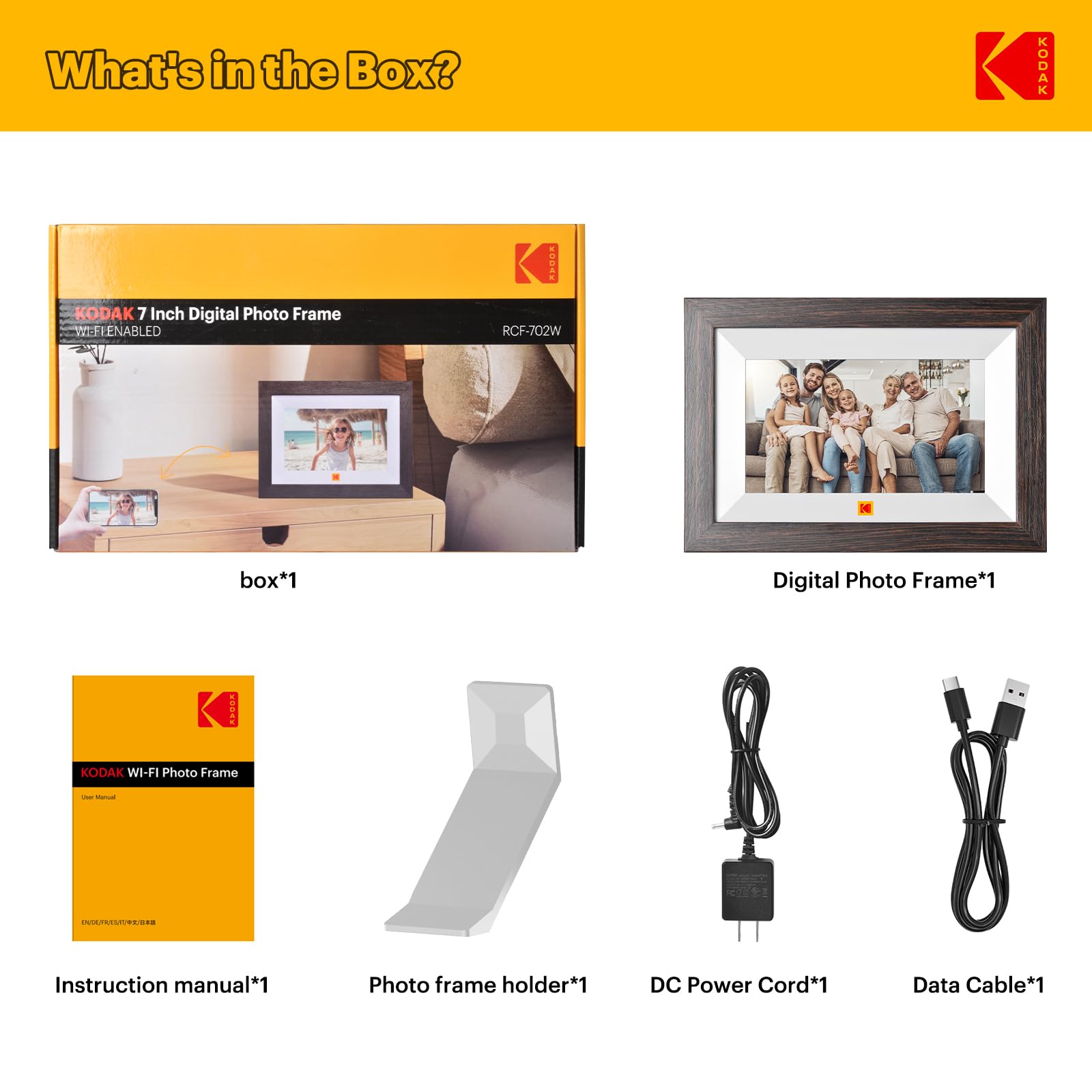 KODAK Marco de Fotos Digital, WiFi Marco Digital de Fotos 7 Pulgadas, HD IPS Pantalla Táctil, 32GB Marco Electrónico, Rotación Automática, Fácil Compartir para Fotos y Vídeos via App o Cable de Tipo C