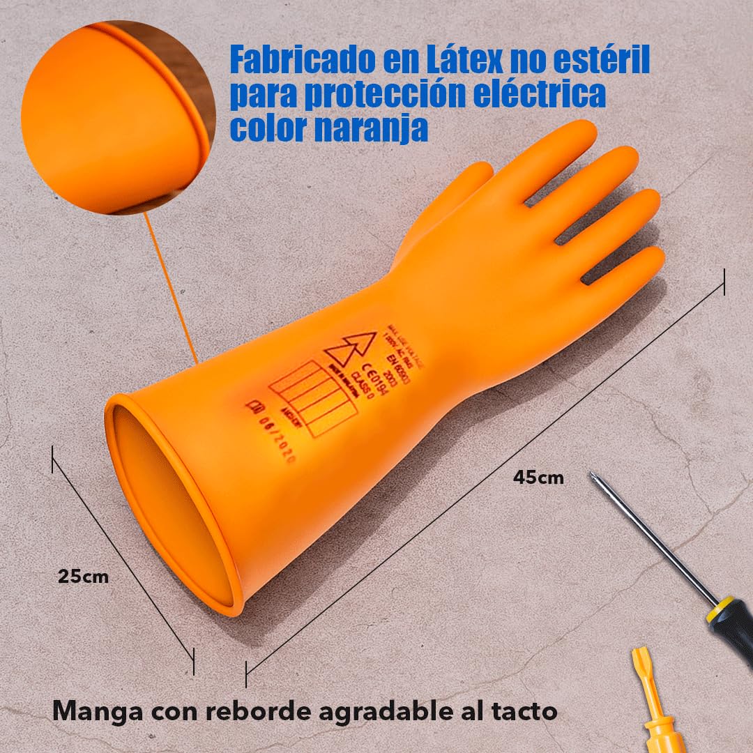 Guantes Electricista Aislantes De 1000V | De Uso Profesional | Protección Dieléctricos Clase 0 | Guantes De Protección Para Trabajo | Duraderos Y Resistente| Color Naranja | Talla L