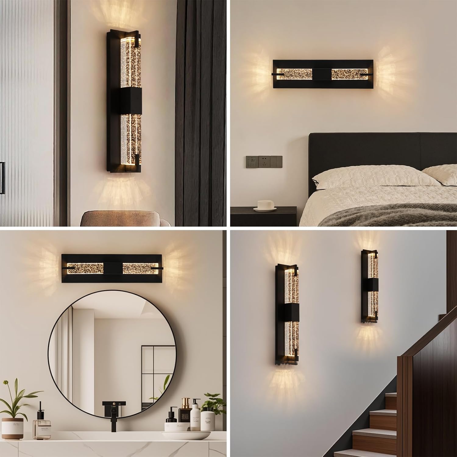 Battery Operated Crystal Wall Sconc, Black Modern LED Wall Lighting Set of Two, 3500K -6500K Crystal Rechargeable Wall Lamps, Non-Hardwired Dimmable Wall Lamps for Living Room/Bedroom etc