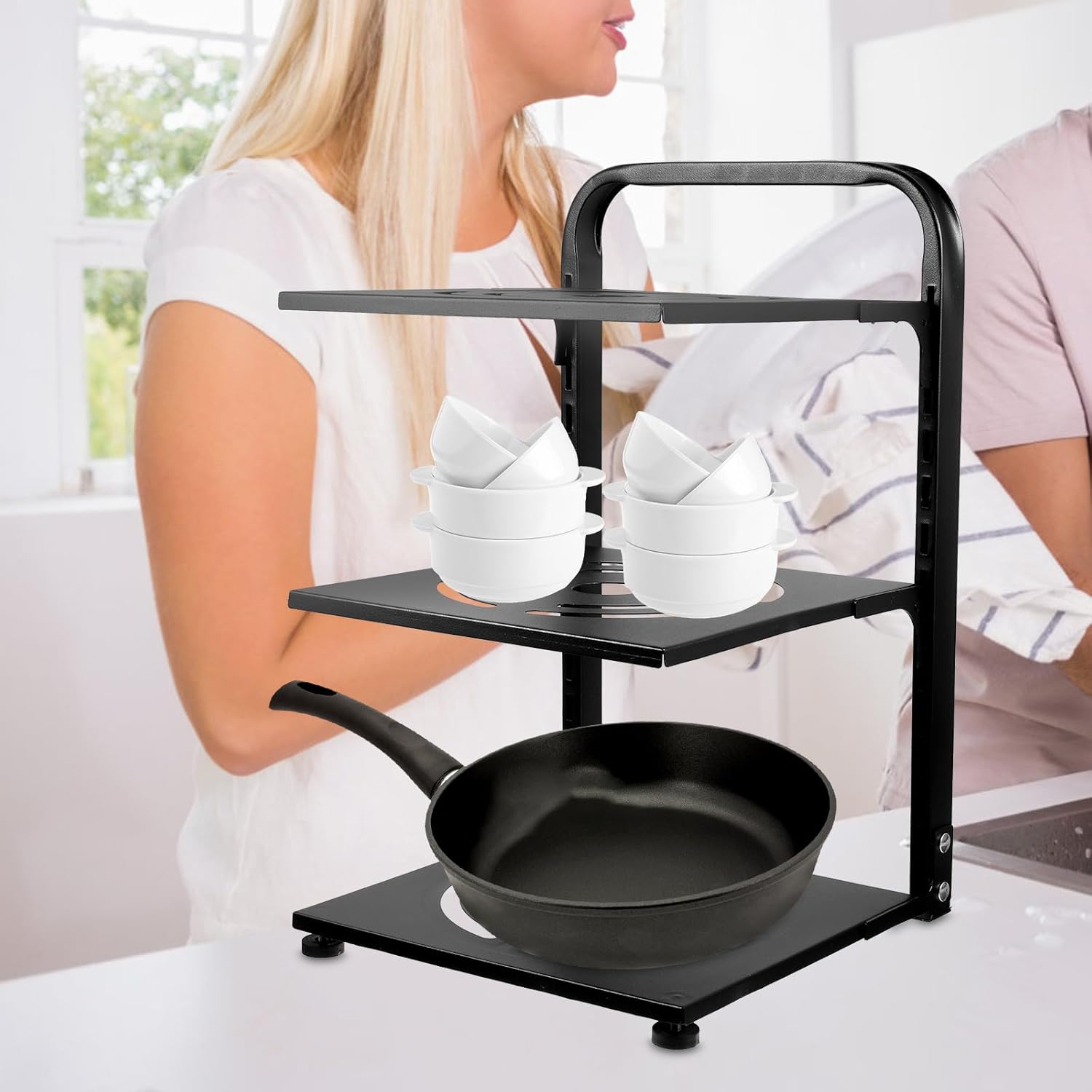 Adjustable 3-tier Multi-function Pot Rack Kitchen Cabinet Pan Organizer Black Draining Cookware Storage for Home Kitchen Countertop