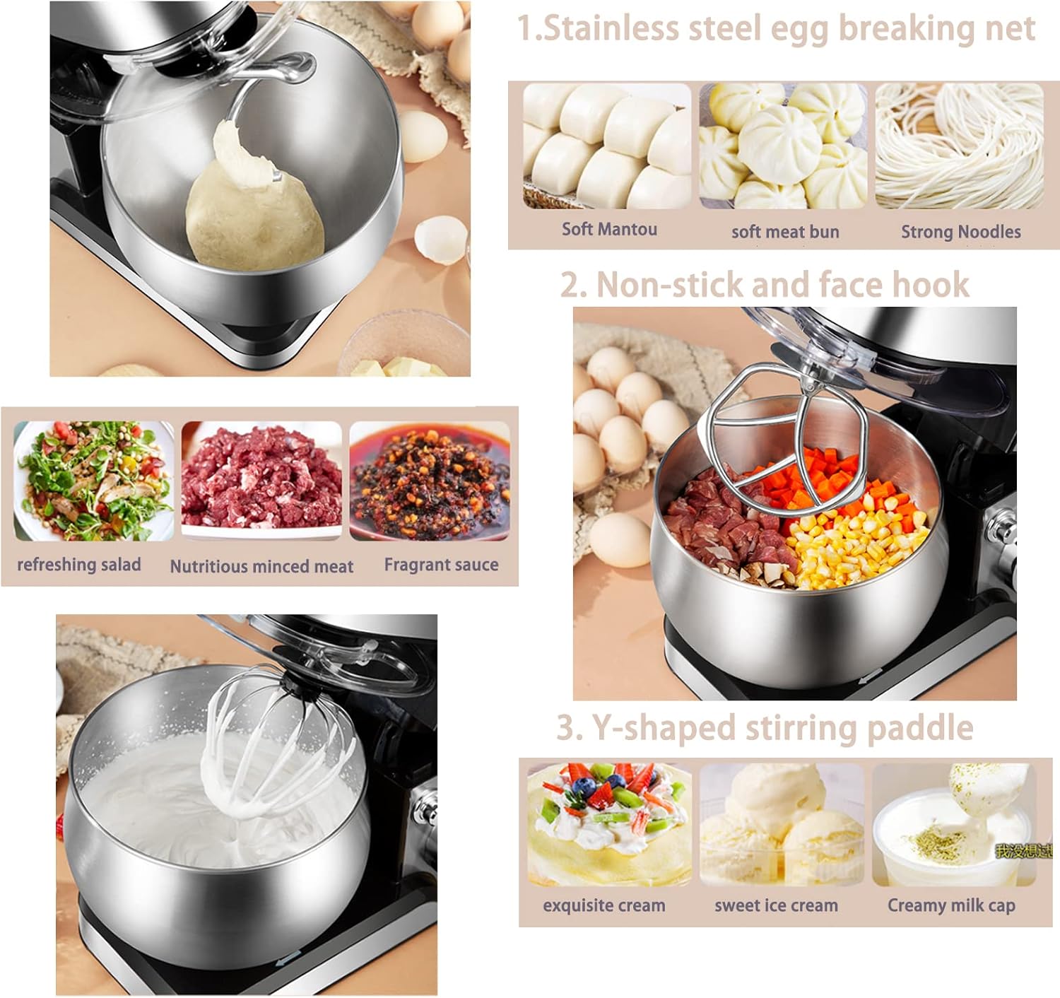 KnoRRs Stand Mixer, 5L Kitchen Machine Home Whisk, Dough Hook Plastic, Cream Desktop Stainless Steel and Noodle Electric Egg Beater Fermentation Dough Mixer Multifunctional Household (Normal)
