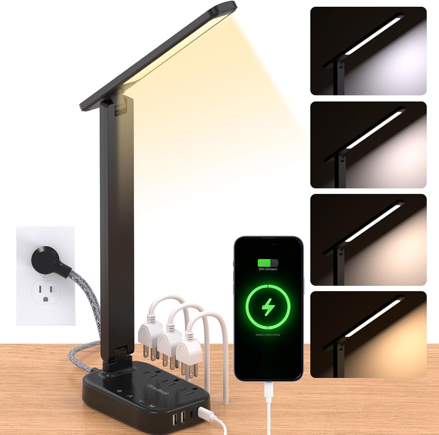 One Beat Small LED Desk Lamp Power Strip 10ft Extension Cord, 3 Outlets 4 USB Ports(2 USB C), 4 Modes, 5 Level Touch Lamp, Study Reading Light, Home Office Bedroom College Dorm Room Essentials, White