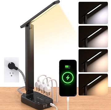LED Desk Lamp Power Strip with 4 USB 3 Outlets, Dorm Room Essentials, Black | One Beat 4 Modes 5 Level Brightness Touch Lamp, Small Desk Lamp for Home Office College Dorm Essentials, Study Reading Light