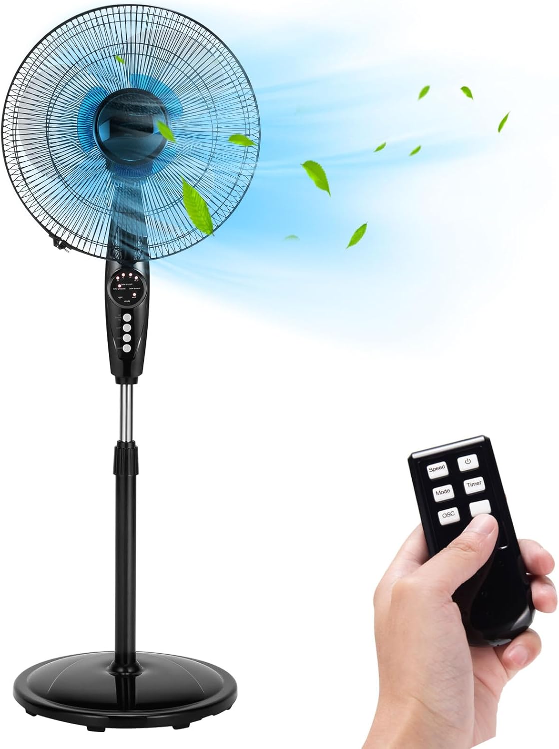 DORTALA Pedestal Fan Dual Blades, 18 Inches Oscillating Fan with Timer & Adjustable Height, 3 Speed Standing Electric Fan with Remote Control for Airflow & Coolness, Home/Office, Black