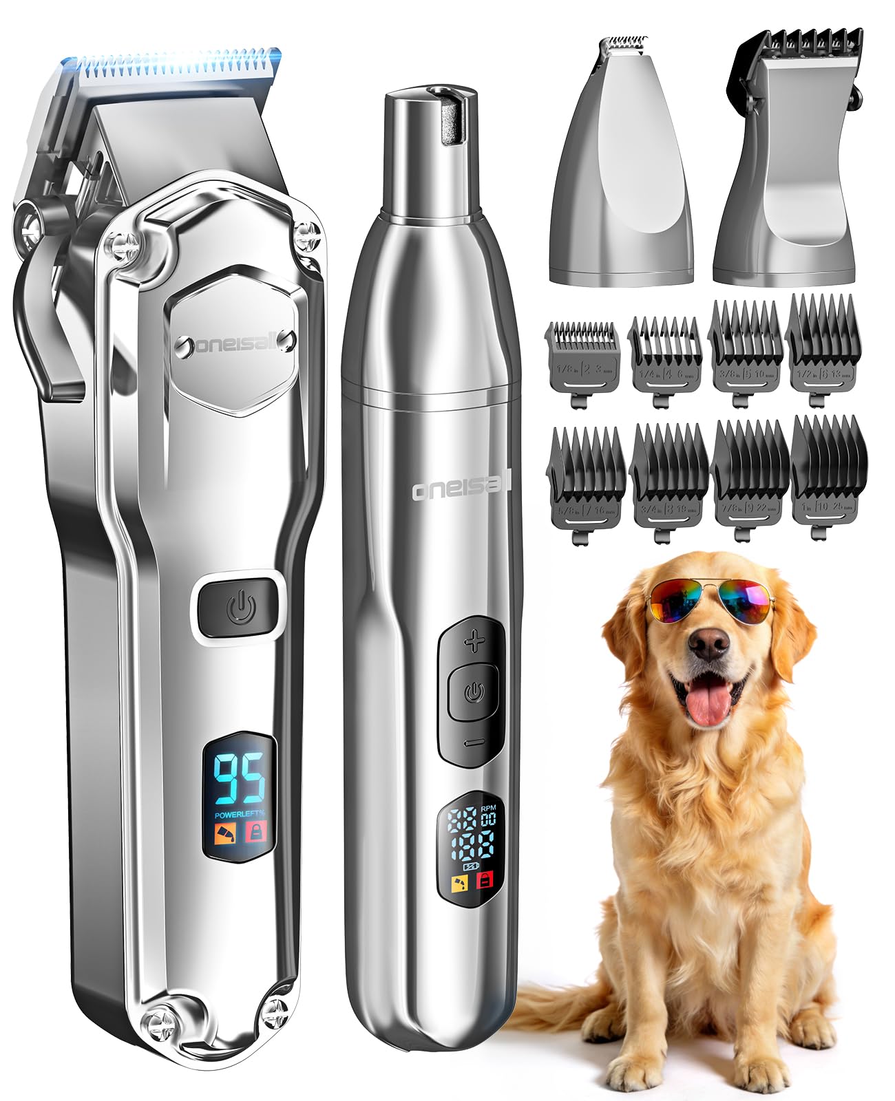 oneisall 4 in 1 Tosatrice per cani con pelo folto/denso, silenziosa Tosatrice professionale/tagliaunghie/limatrice per cani di piccola e grande taglia e gatti, batteria da 4 ore