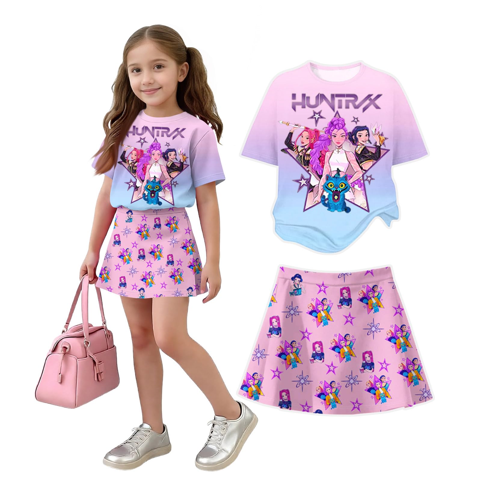 K Pop Short Sleeve T-Shirt and Skirts Outfits Set for Girls Hunters Girl's Anime Graphic Tees De-Mon Summer Sets — view 8