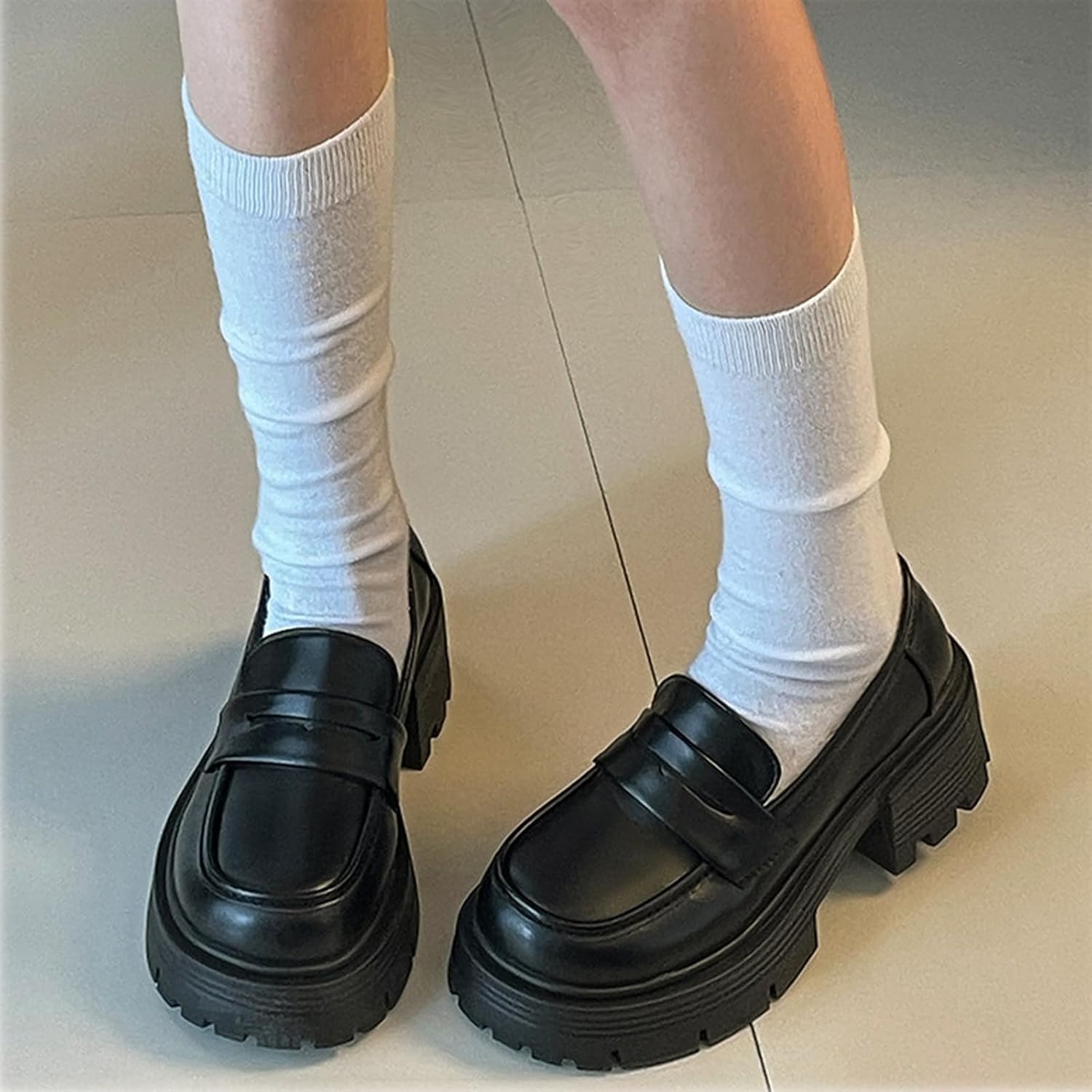 Women's Patent Leather Platform Slip-On Loafers Fashion Soft Leather Non-Slip Lug Sole Chunky Heel Penny Loafers Comfortable Office Dressy Work Shoes - Image 5