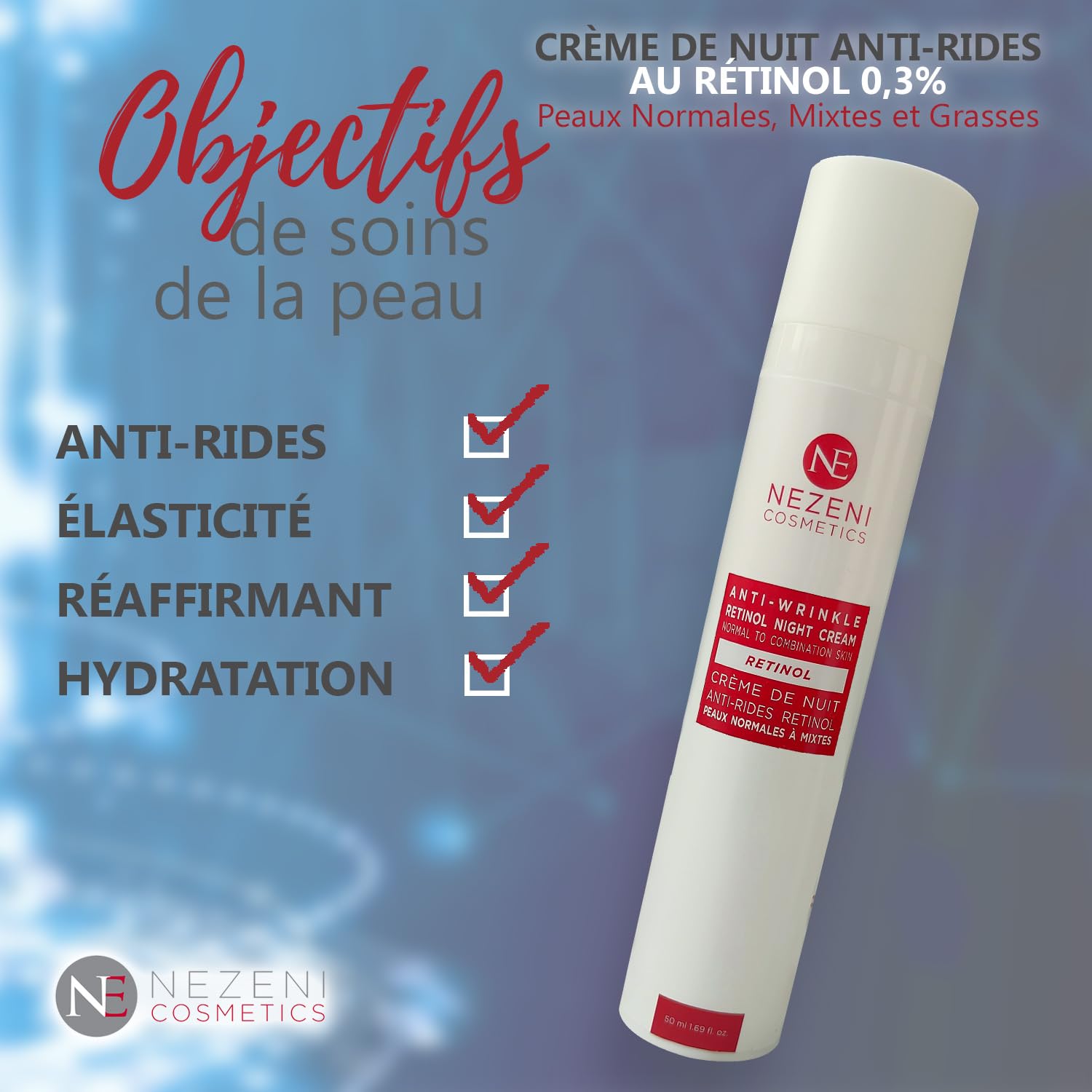 Nezeni Crema Noche 0.3% RETINOL PURO Antiarrugas Mujer/Hombre 27 Activos | Rellenador Arrugas Profundas Con Ácido Hialurónico | Crema Reafirmante Cara, Cuello y Escote | Piel Normal, Grasa y Mixta