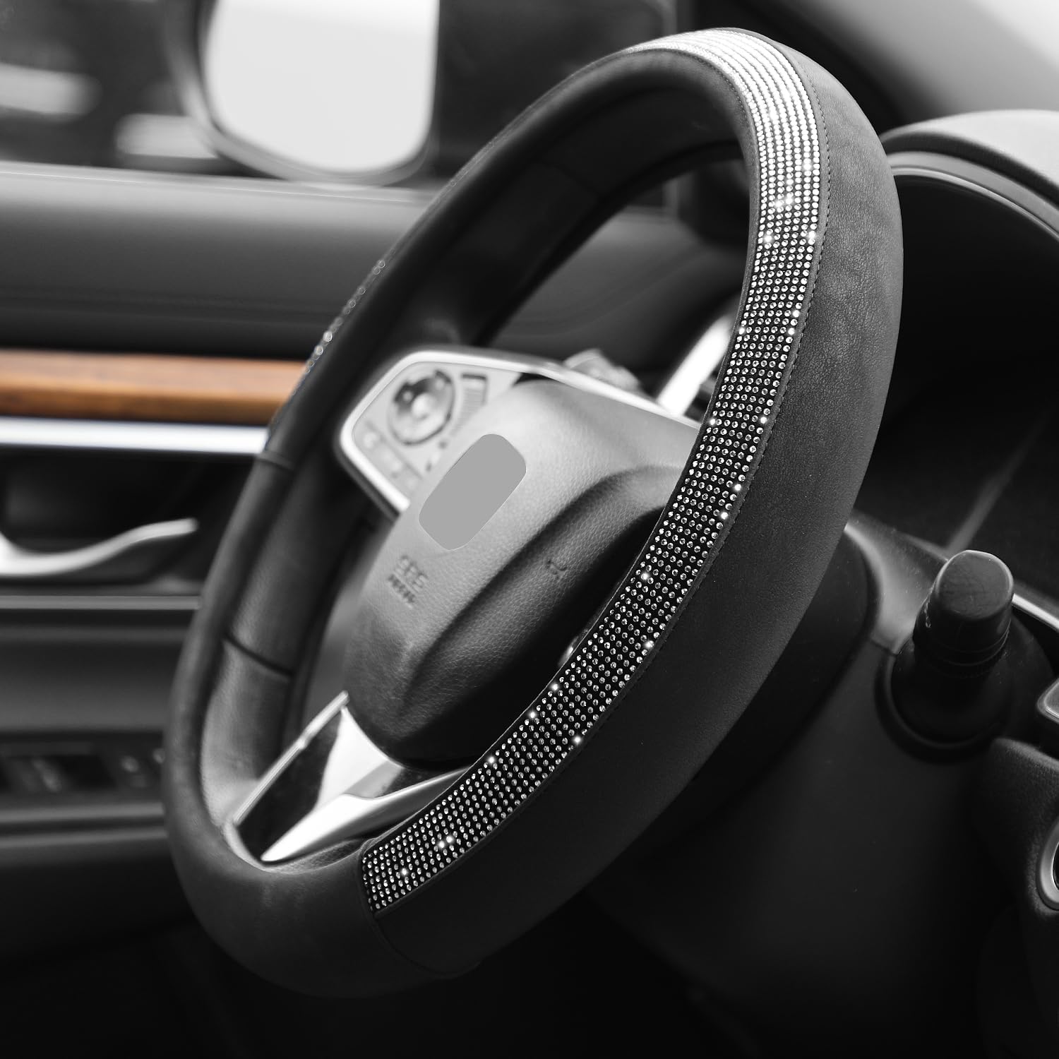 DNA Motoring Synthetic Leather Steering Wheel Cover Universal Fit 14.5-15 inch, Full Surround Crystal Diamond Design, SWC-S2302