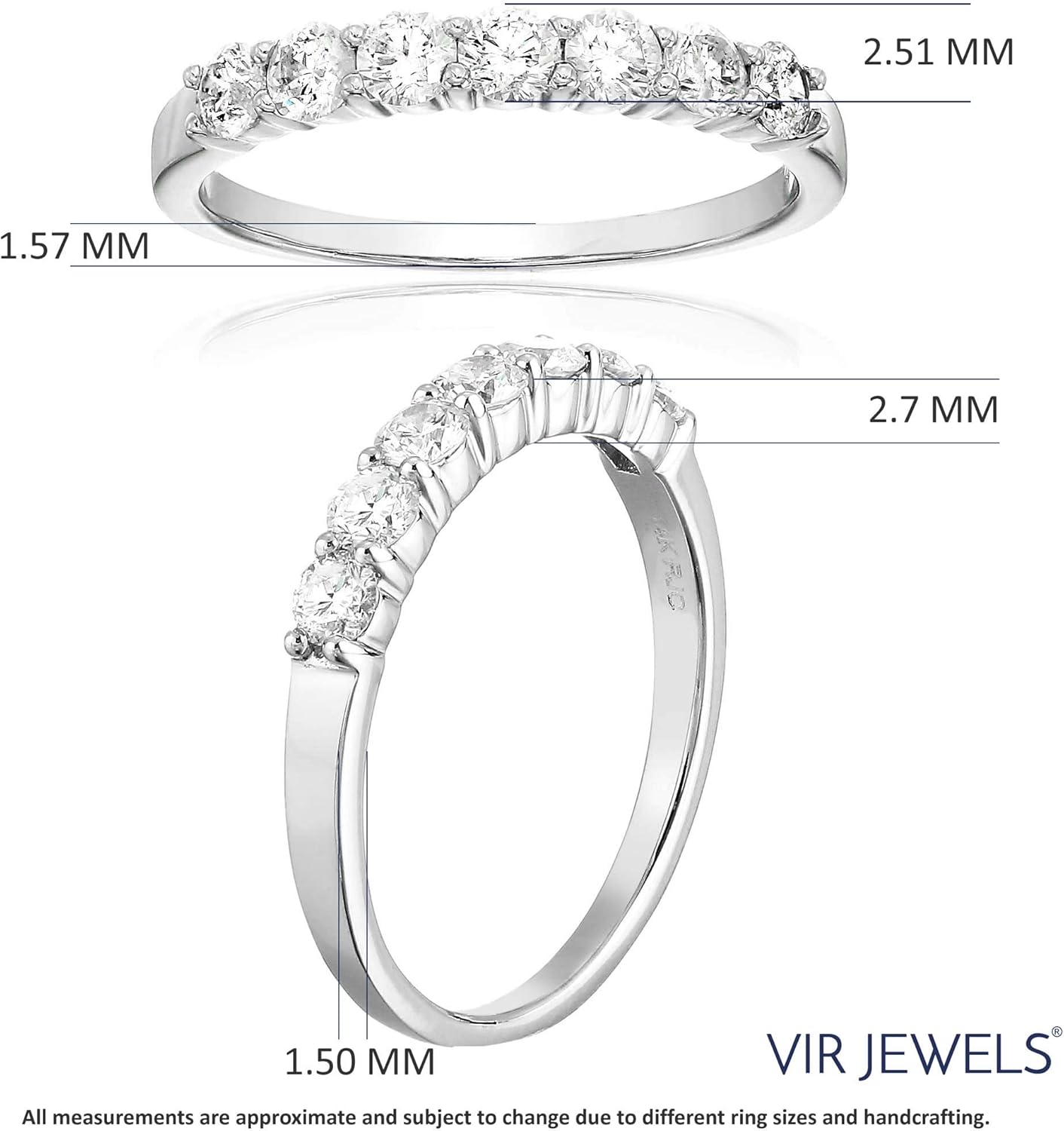 VIR JEWELS 1/2 carat (ctw) Diamond Wedding Anniversary Band for Women, Round Diamond Engagement Ring 14K White Gold Prong Set 0.50 cttw, Size 4-10