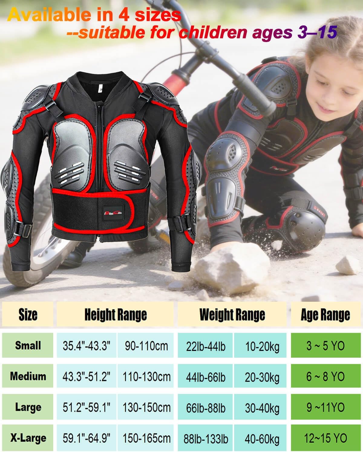 Teenager Youth Chest Back Protector, Kids Dirt Bike Gear for Motocross Armor, Adjustable Motorcycle Jacket with Knee Pads for MTB ATV Cycling Skating Skateboard
