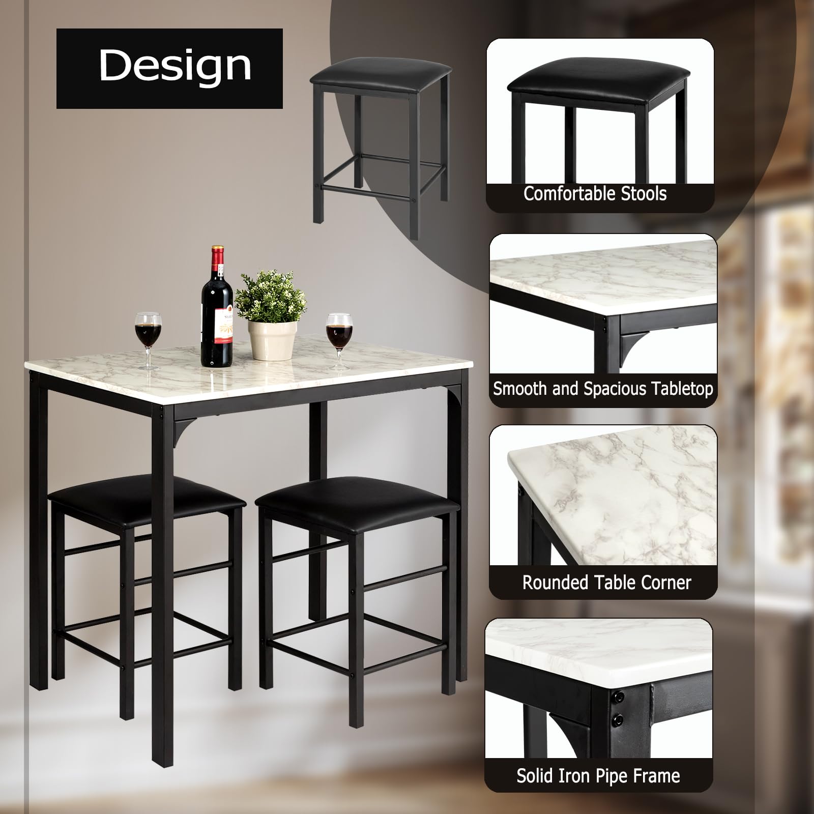 HOMASIS Tavolo Alto Bar con 2 Sgabelli, Tavolo da Pranzo in Legno, Set di 3 Pezzi da Soggiorno, Penisola Cucina con Sgabelli, 90 x 60 x 82 cm (Bianco)