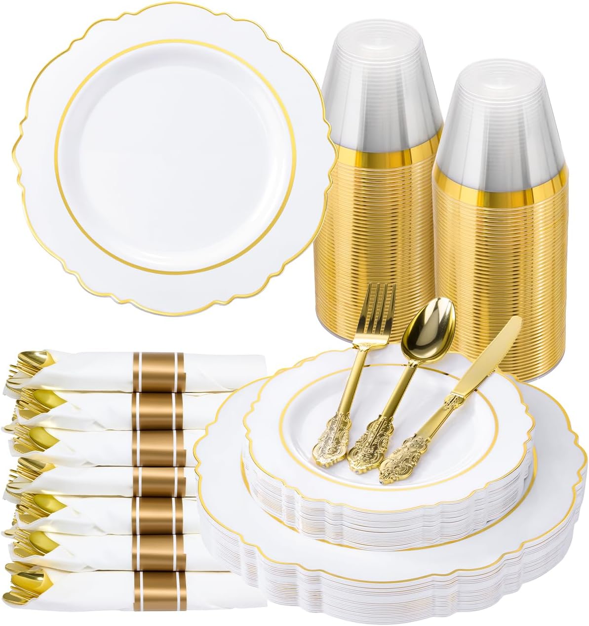 175 Piece White Gold Plastic Dinnerware Set for 25 Guests Elegant Baroque Disposable Dinnerware for Weddings, Parties, 50 Plastic Plates, 25 Pre Rolled Napkins with Silverware, 25 Cups