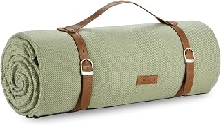 VonShef Picnic Blanket, Green Herringbone Extra Large Outdoor Rug with W...