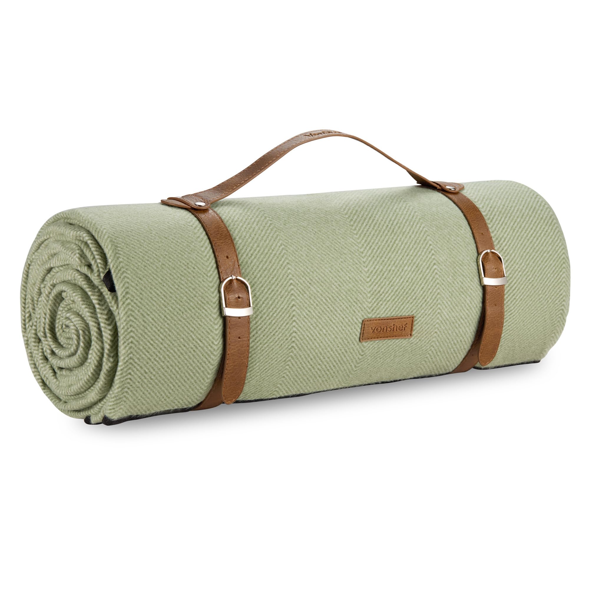 VonShef Picnic Blanket, Green Herringbone Extra Large Outdoor Rug with Waterproof Backing, 10 Person Weatherproof Picnic Mat with Faux Leather Handle, Water Resistant Camping Accessories, 200x300cm