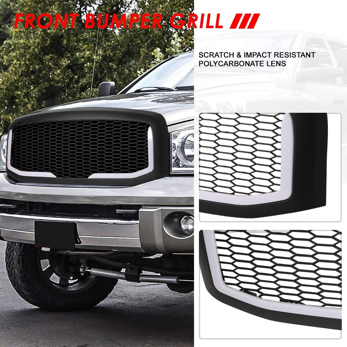 Auto Dynasty Front Grille Grill with L-LED Daytime Running Lights Compatible with 2006-2009 Dodge Ram 1500 2500 3500, Honeycomb Mesh Style Front Bumper Grille, Matte Black