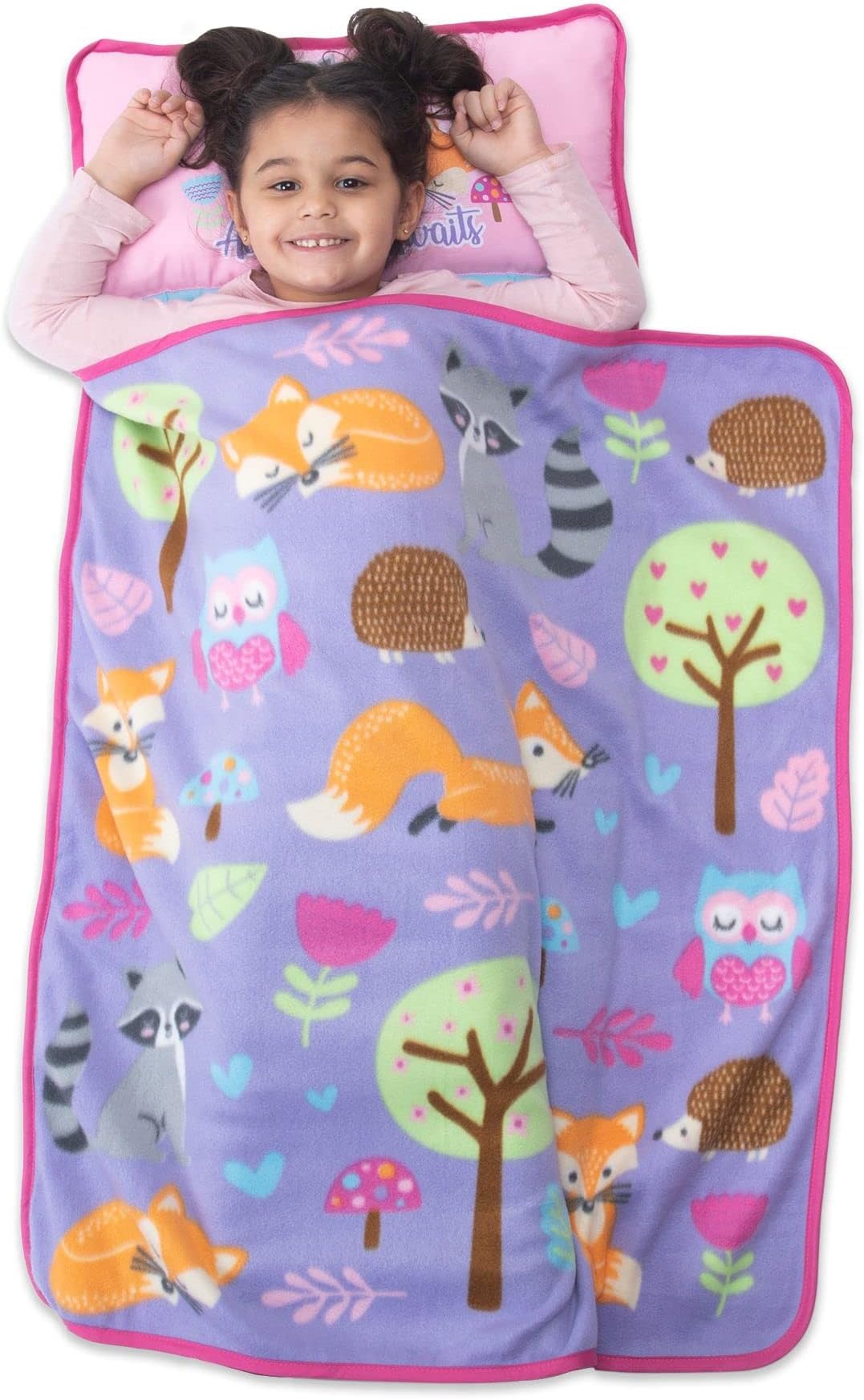 Baby Boom Funhouse Forest Friends Kids Nap Mat Set โ Includes Pillow and Fleece Blanket โ Great for Girls Napping During Daycare, Preschool, or Kindergarten - Fits Toddlers and Young Children, Pink