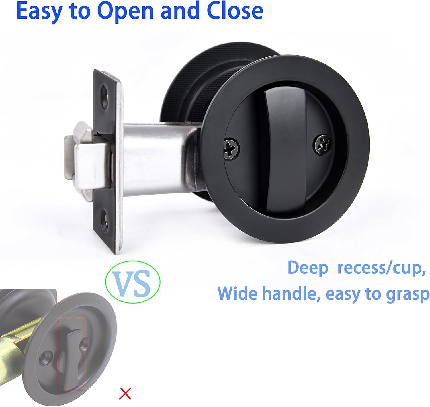 Dontay Pocket Door Lock with Edge Pull Handle,Color Coded Indicators,1 3/8" Backset,Stainless Steel Recessed 2 Side,for 1 3/8" to 2 3/16" Bathroom&Sliding Door (Matte Black, Round - 1 Set)