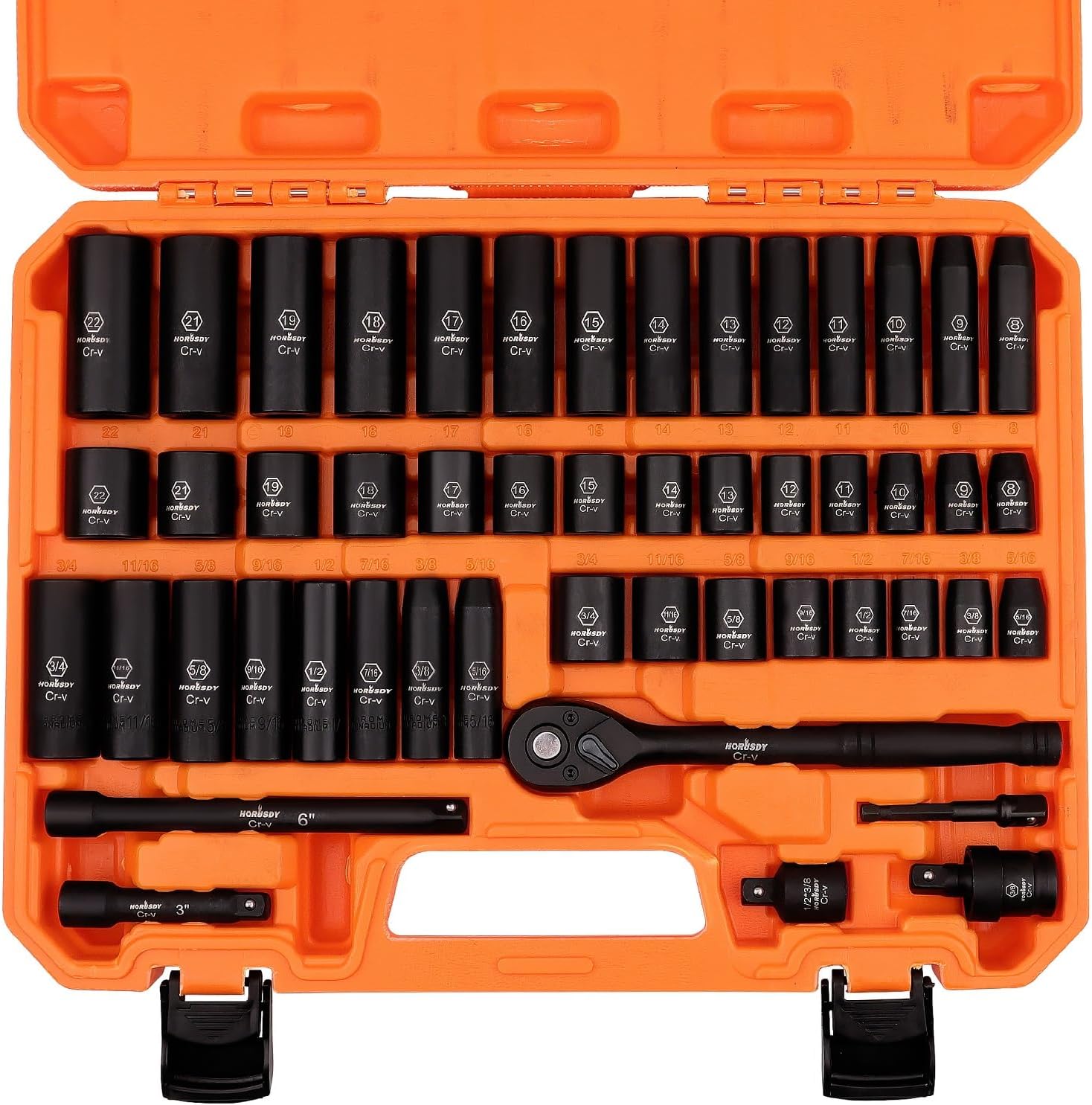 HORUSDY 3/8" Drive Impact Socket Set, 50-Piece Standard SAE (5/16 to 3/4 inch) and Metric (8-22mm) Size, 6 Point, Cr-V, 3/8-Inch Drive Ratchet Handle, Drive Extension Bar, Impact Universal Joint