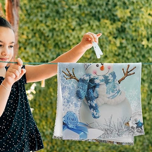 Miniatura 6 de Pfrewn Juego de 2 toallas de mano con diseño de muñeco de nieve de invierno, conos de pino de copo de nieve, color azul, toalla de baño de Navidad