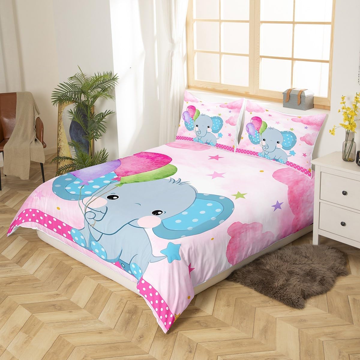Women Cute Elephant Duvet Cover Set Twin Size,2 Pcs Breathable Pink Watercolor Bedding Sets(1 Duvet Cover+1 Pillowcase),Stars Cloud Sky Printed Comforter Cover Set for Girls Kids(No Comforter)