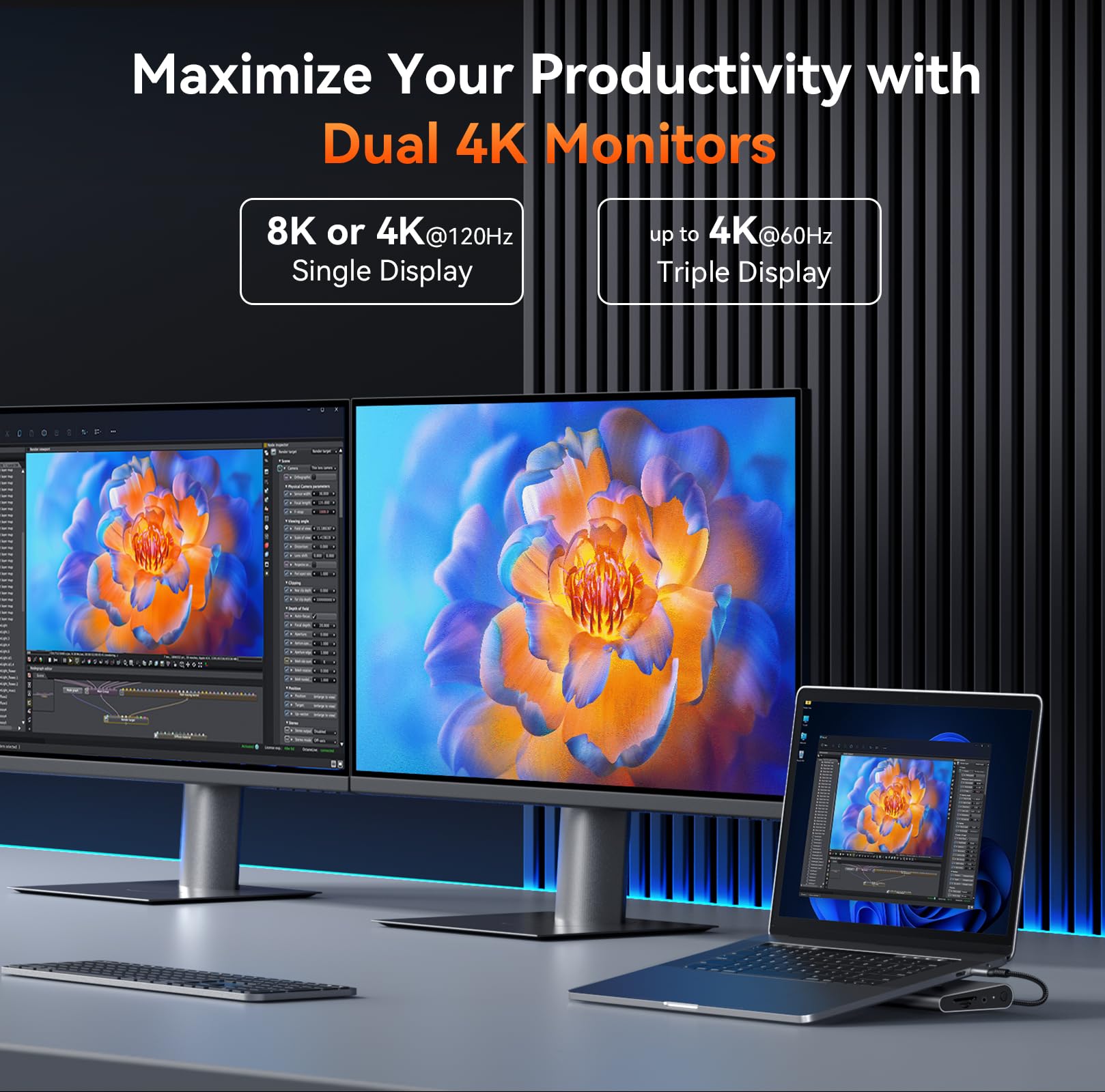 TobenONE - Estación de acoplamiento USB-C para 3 monitores y doble monitor, soporte de base para portátil con cargador GaN III de 100 W, Ethernet de 2,5 Gbps, 2 HDMI y DP (4 K a 120 Hz), 6 puertos USB