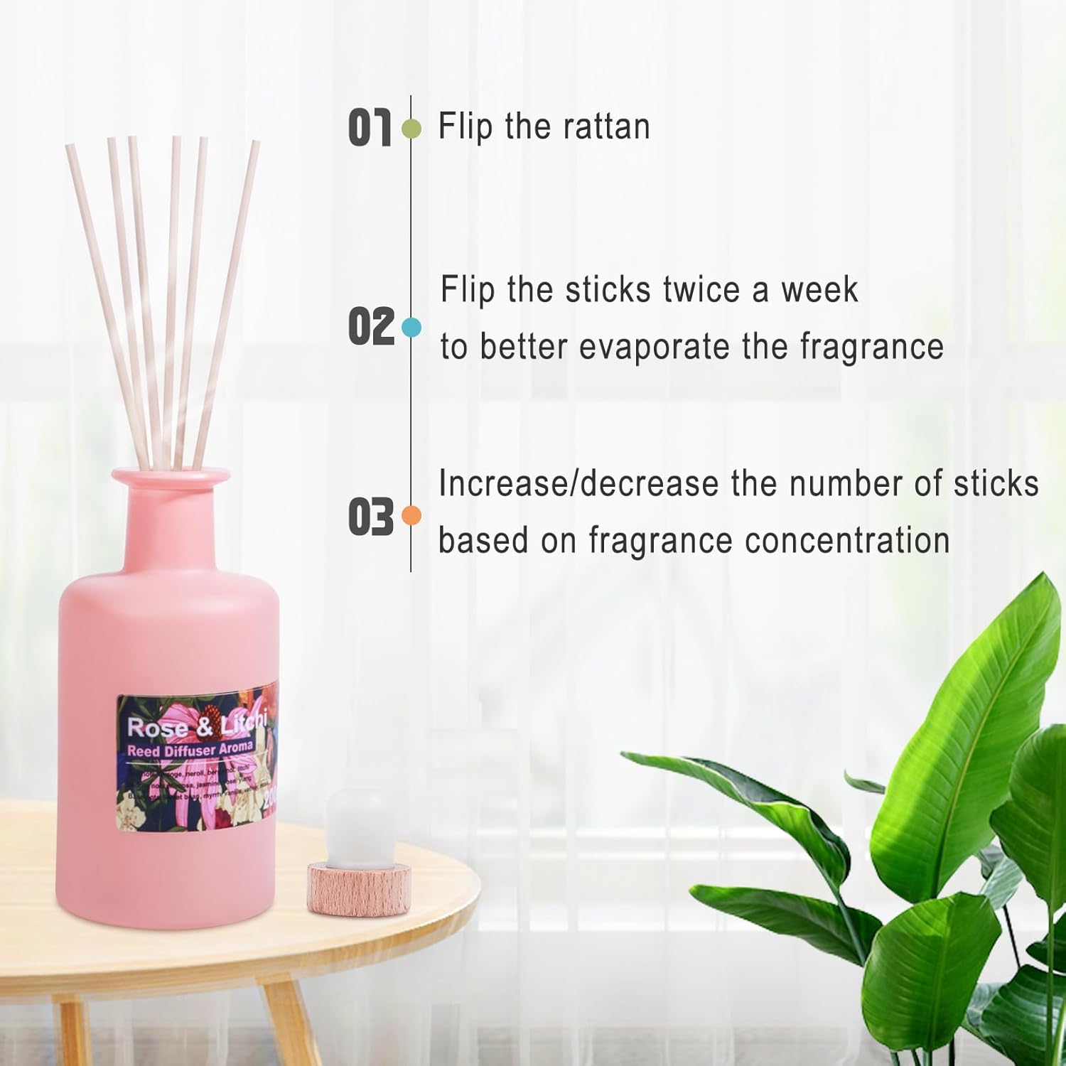 Reed Diffuser Set - Rose & Litchi Essential Oil, 6.8fl oz/200ml Sweet Floral Aroma Scented Oil, Large Capacity Color Bottle, Home Aromatherapy for Bedroom Bathroom Office Shelf Decor - Image 4